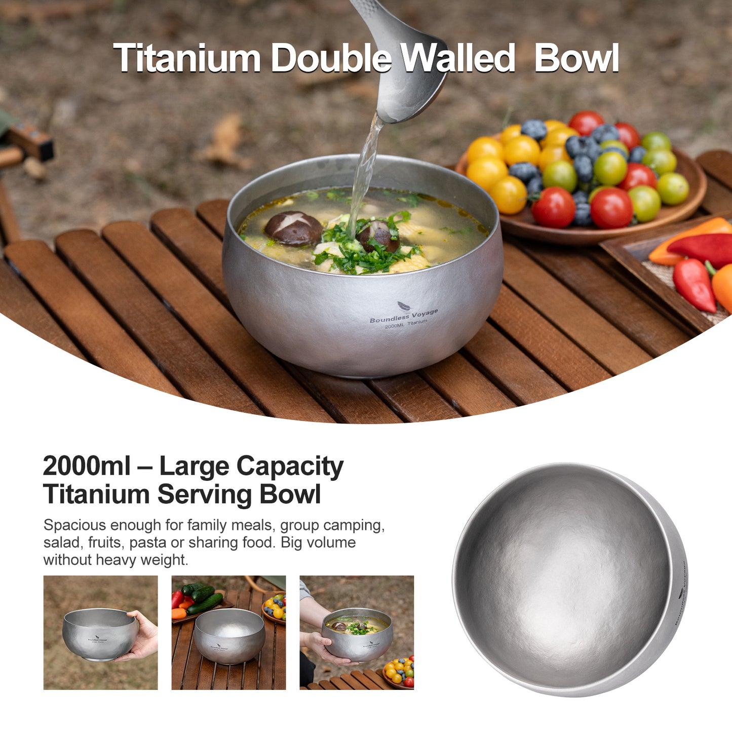 Boundless Voyage 2000ml Double-Wall Titanium Bowl – Extra-Large Ultralight Camping Bowl | Insulated No-Burn Grip, Pure Titanium for Group Meals & Outdoor Cooking