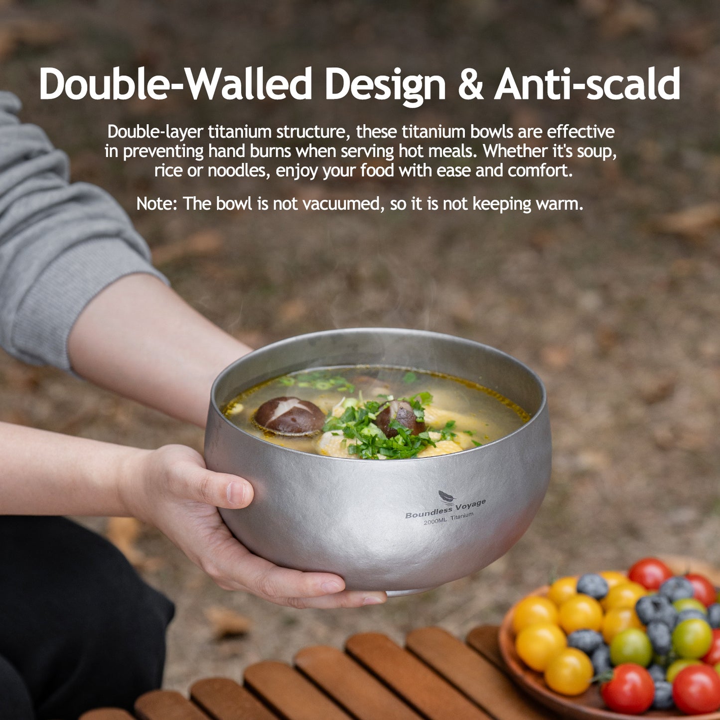 Boundless Voyage 2000ml Double-Wall Titanium Bowl – Extra-Large Ultralight Camping Bowl | Insulated No-Burn Grip, Pure Titanium for Group Meals & Outdoor Cooking