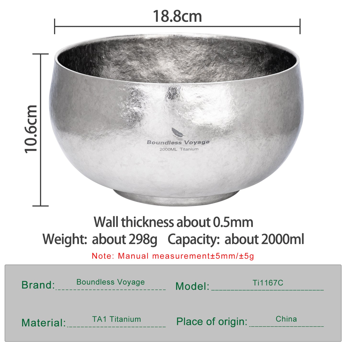 Boundless Voyage 2000ml Double-Wall Titanium Bowl – Extra-Large Ultralight Camping Bowl | Insulated No-Burn Grip, Pure Titanium for Group Meals & Outdoor Cooking