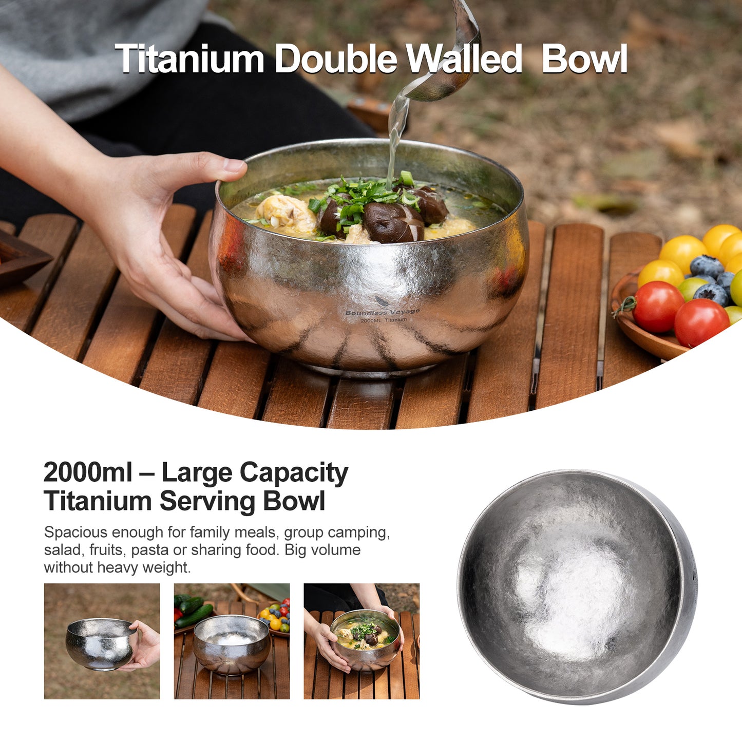 Boundless Voyage 2000ml Double-Wall Titanium Bowl – Extra-Large Ultralight Camping Bowl | Insulated No-Burn Grip, Pure Titanium for Group Meals & Outdoor Cooking