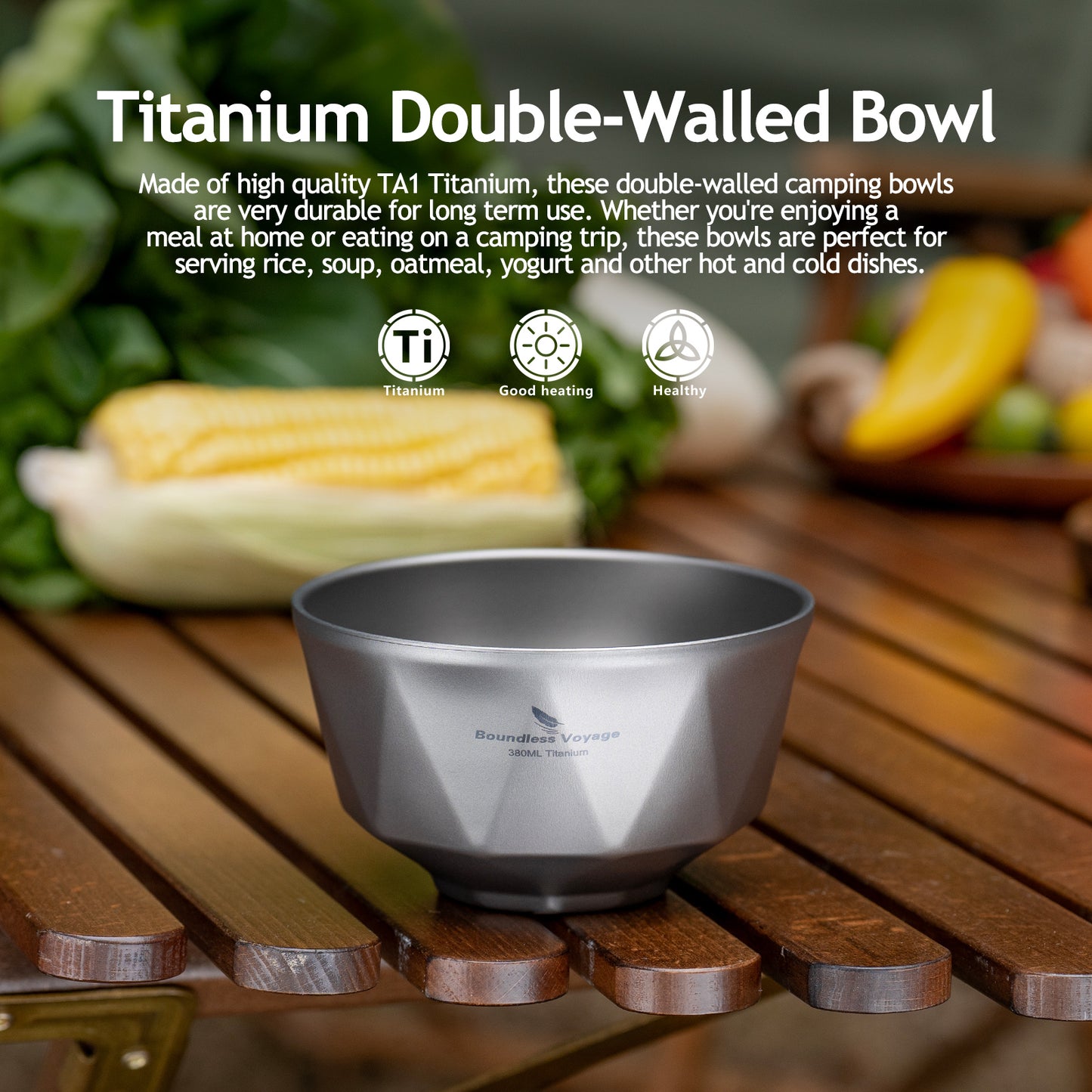 Boundless Voyage Titanium Double-Wall Bowl 380ml – Ultralight Insulated Serving Bowl for Rice, Soup & Camping
