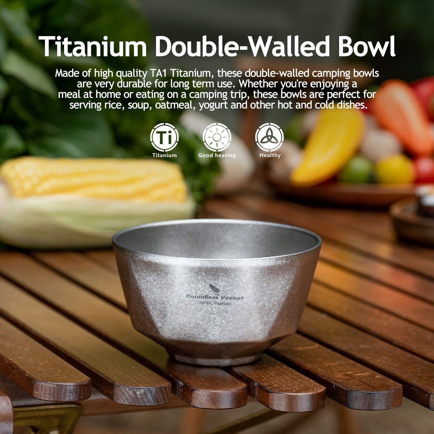 Boundless Voyage Titanium Double-Wall Bowl 380ml – Ultralight Insulated Serving Bowl for Rice, Soup & Camping