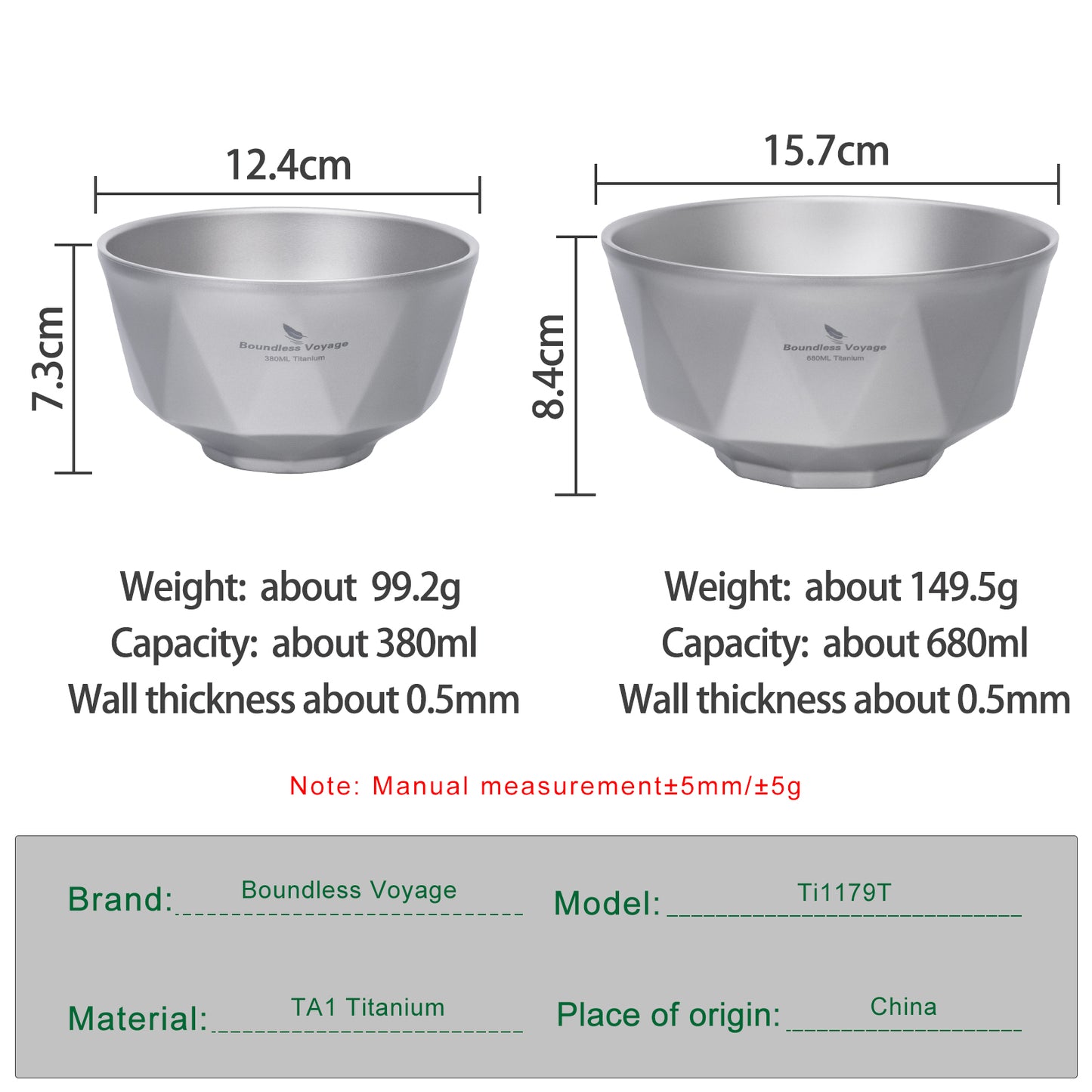 Boundless Voyage Double-Walled Titanium Bowl | 380ml & 680ml Ultralight Insulated Camping Bowl Set | Heat-Resistant Tableware