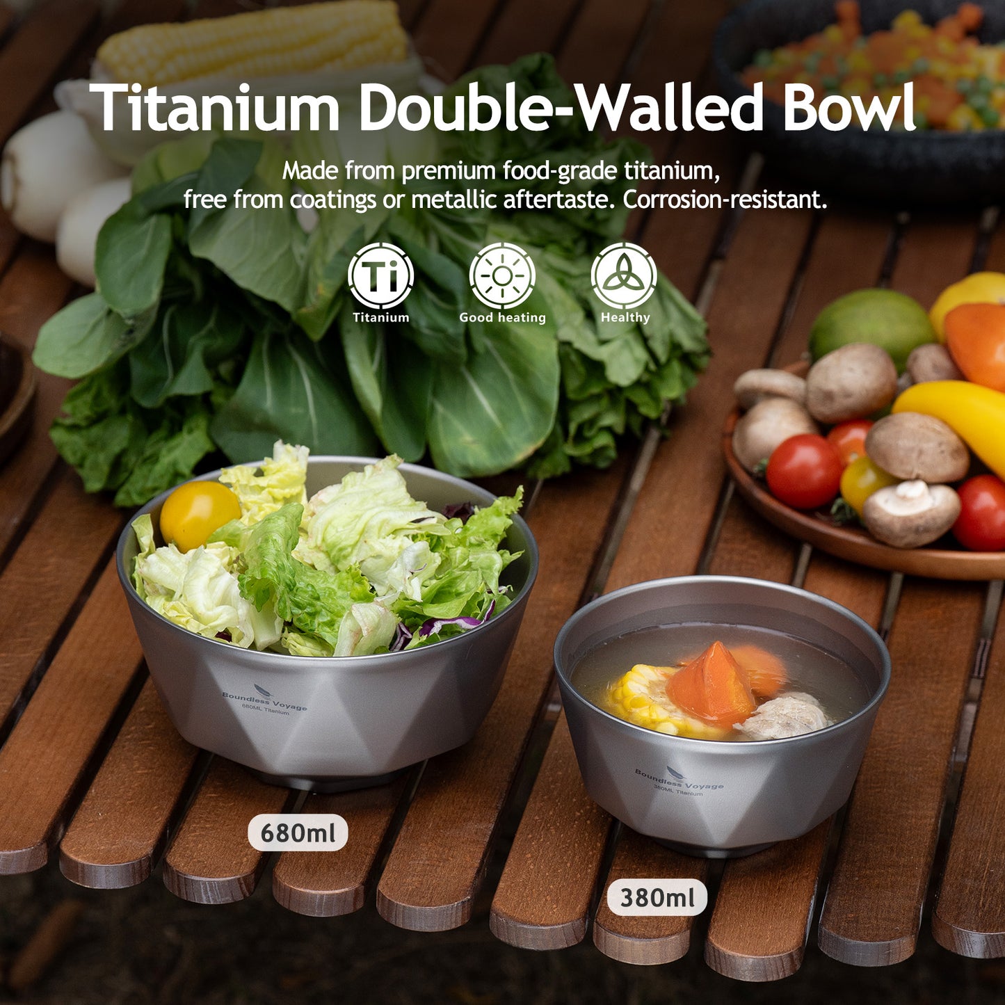 Boundless Voyage Double-Walled Titanium Bowl | 380ml & 680ml Ultralight Insulated Camping Bowl Set | Heat-Resistant Tableware