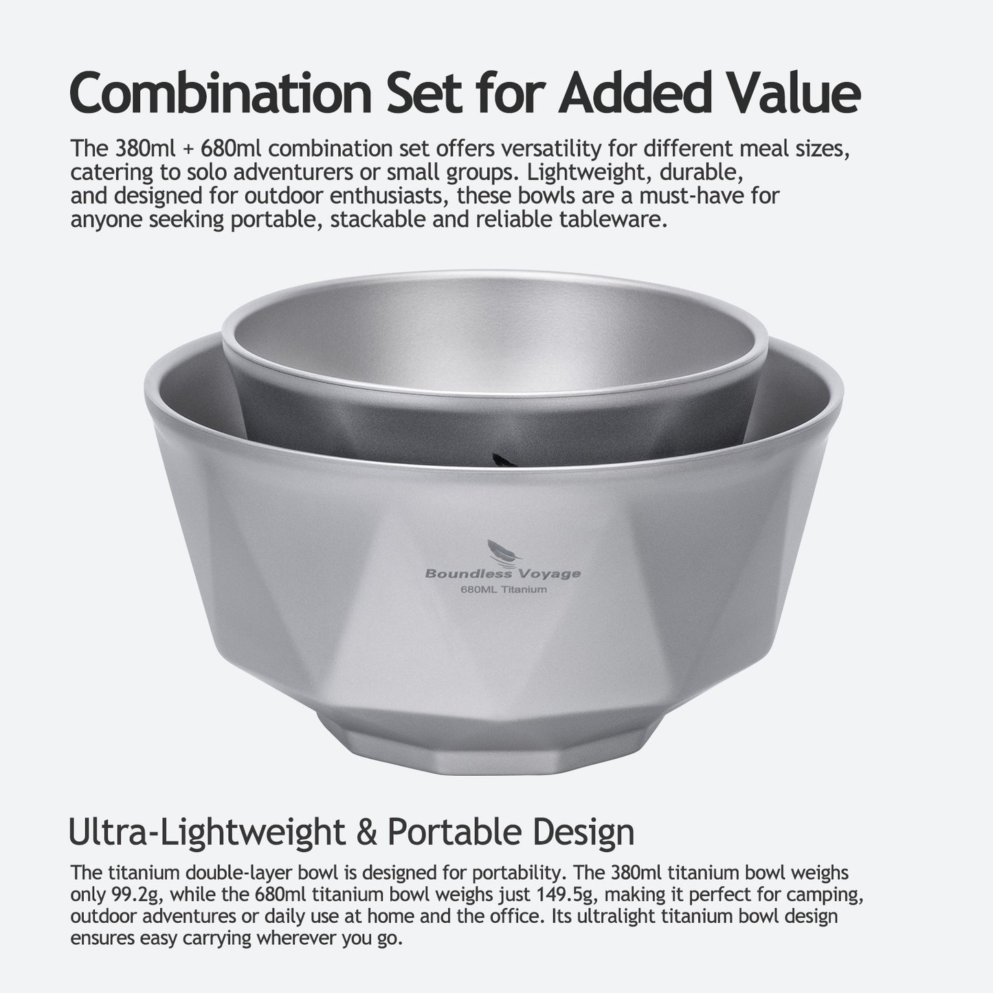 Boundless Voyage Double-Walled Titanium Bowl | 380ml & 680ml Ultralight Insulated Camping Bowl Set | Heat-Resistant Tableware