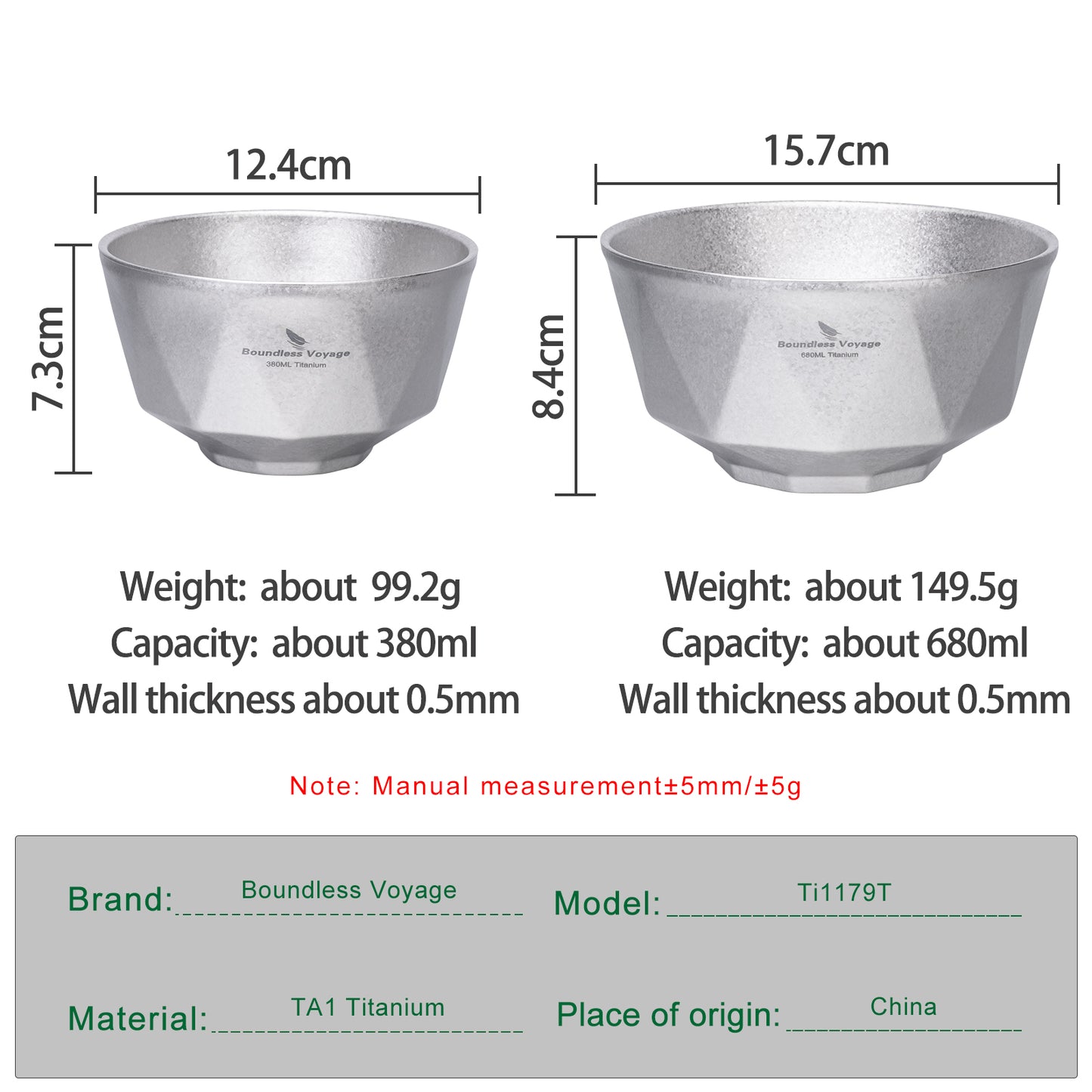 Boundless Voyage Double-Walled Titanium Bowl | 380ml & 680ml Ultralight Insulated Camping Bowl Set | Heat-Resistant Tableware