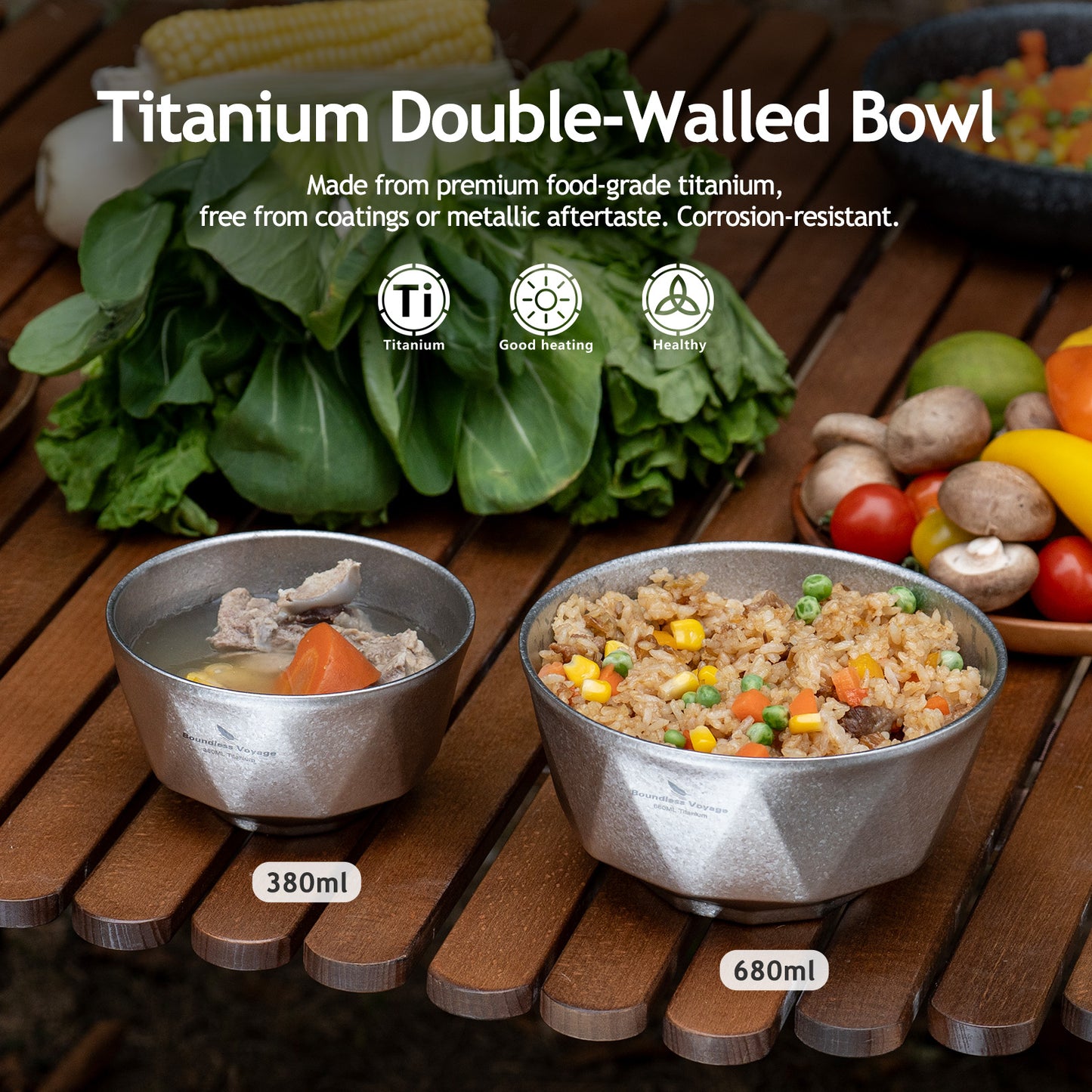 Boundless Voyage Double-Walled Titanium Bowl | 380ml & 680ml Ultralight Insulated Camping Bowl Set | Heat-Resistant Tableware