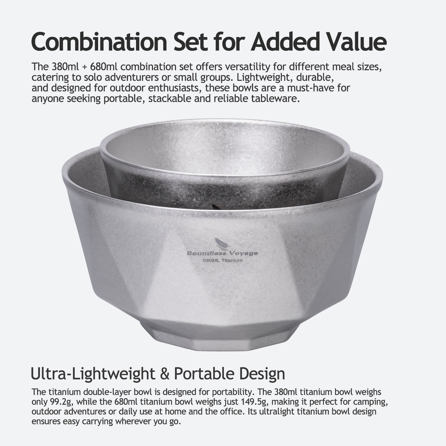 Boundless Voyage Double-Walled Titanium Bowl | 380ml & 680ml Ultralight Insulated Camping Bowl Set | Heat-Resistant Tableware