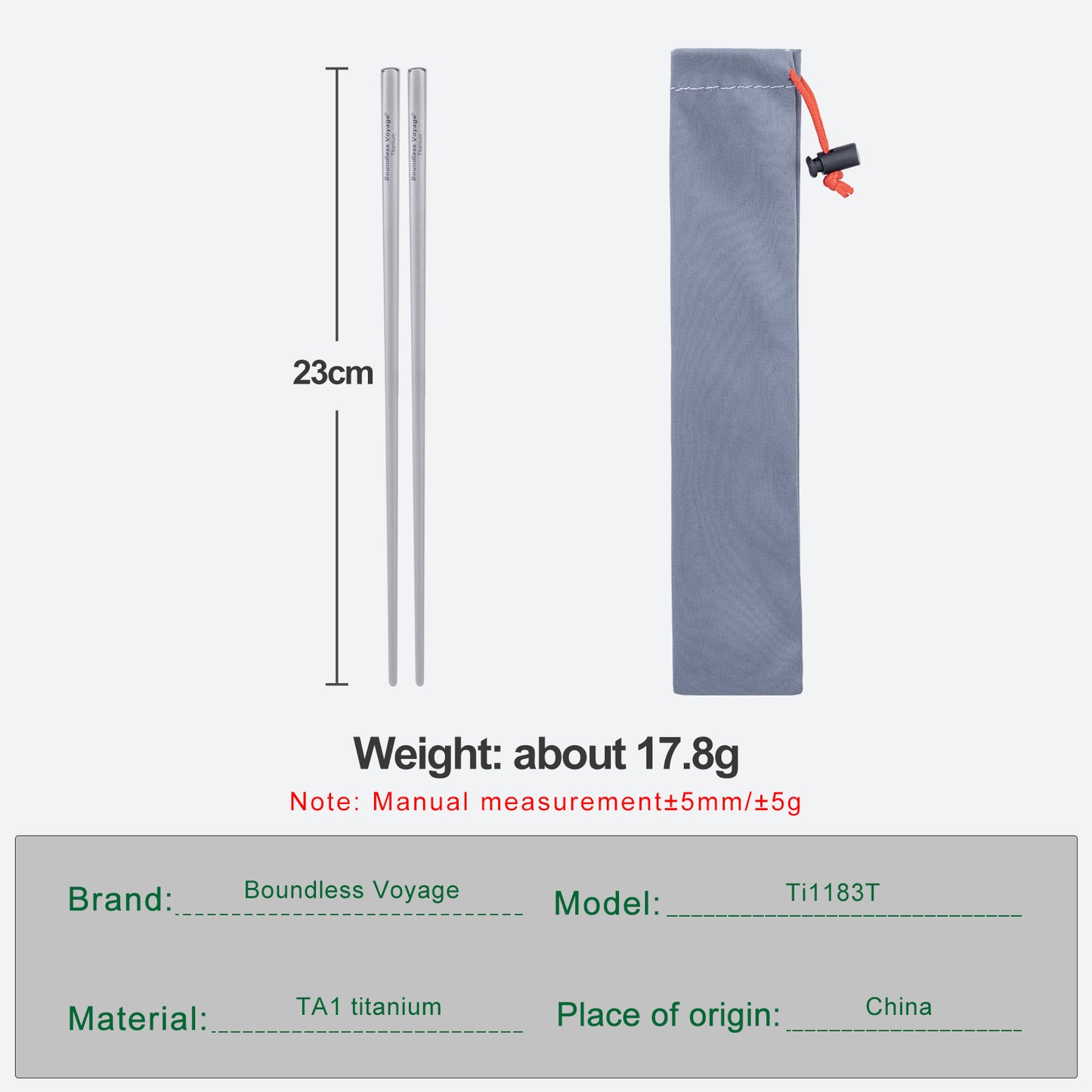 Boundless Voyage Titanium Square Chopsticks 23cm – Full-Length Anti-Slip Chopsticks with Carry Bag for Camping, Travel & Everyday Dining