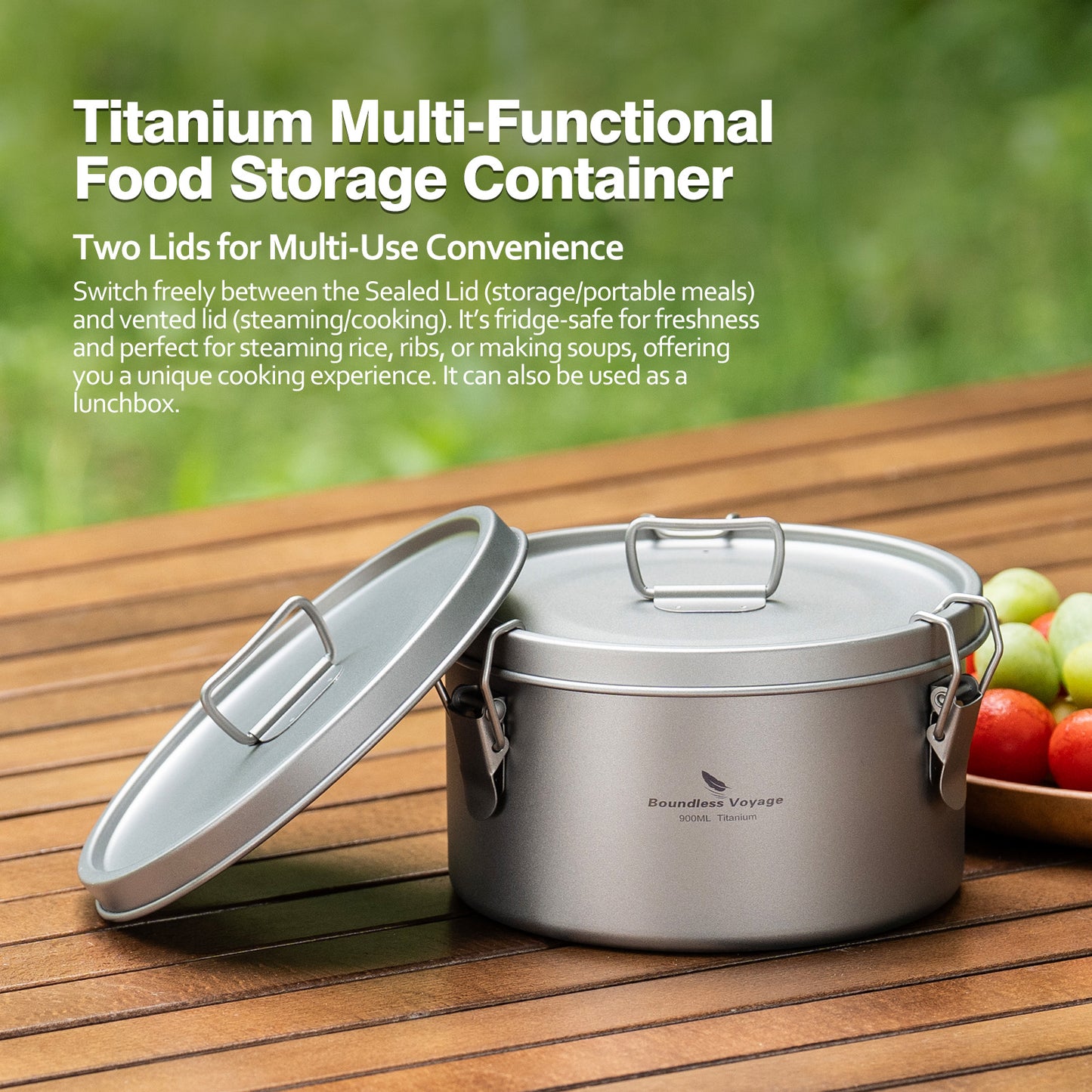 Boundless Voyage 900ml Titanium Food Storage Container – Multi-Functional Lunch Box & Steamer with Sealed & Vented Lids for Camping, Travel & Outdoor Cooking