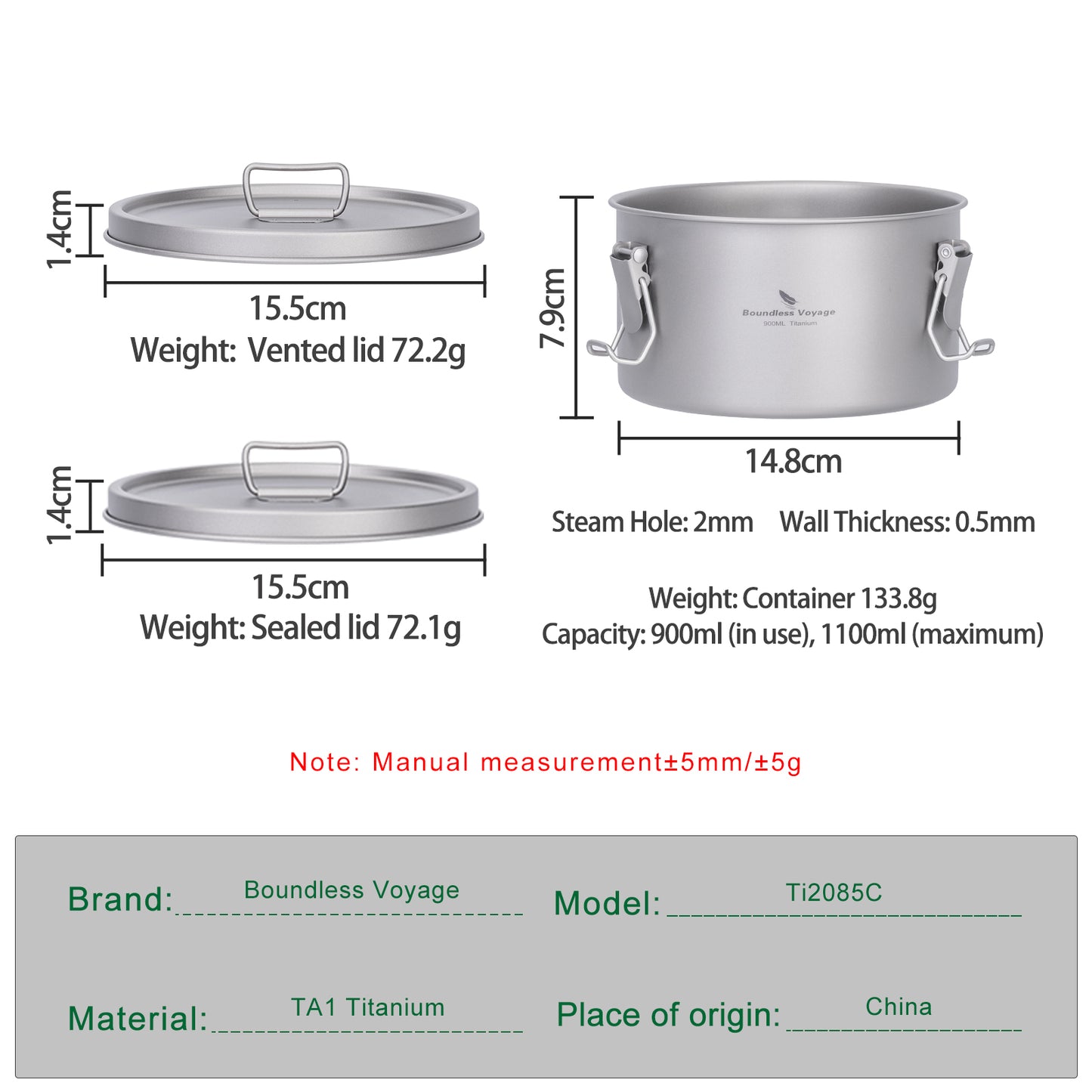 Boundless Voyage 900ml Titanium Food Storage Container – Multi-Functional Lunch Box & Steamer with Sealed & Vented Lids for Camping, Travel & Outdoor Cooking