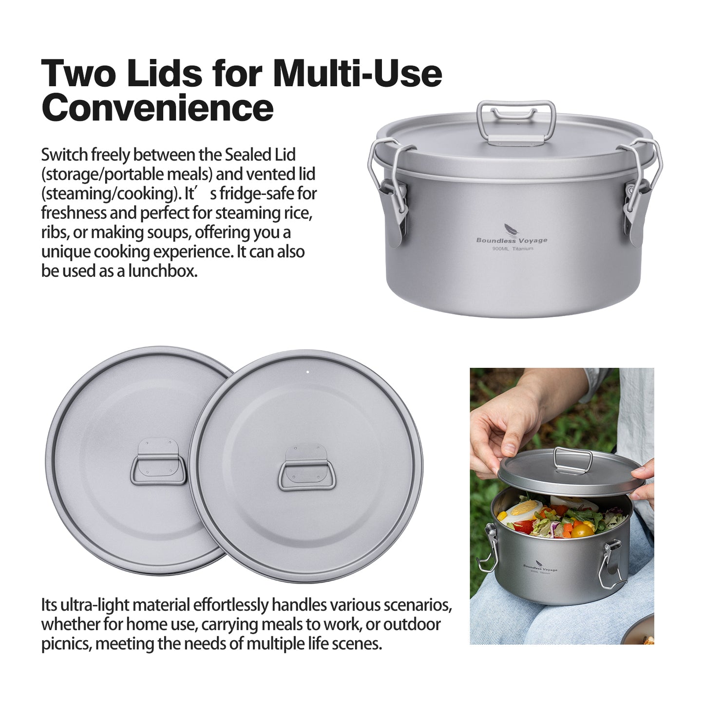 Boundless Voyage 900ml Titanium Food Storage Container – Multi-Functional Lunch Box & Steamer with Sealed & Vented Lids for Camping, Travel & Outdoor Cooking