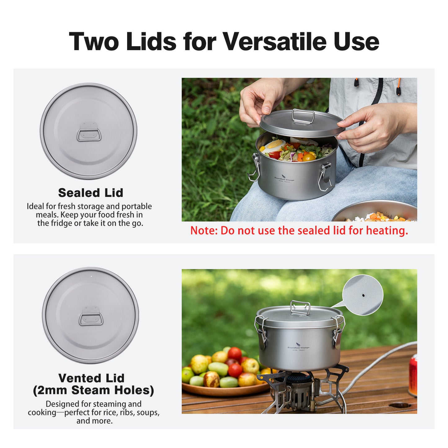 Boundless Voyage 900ml Titanium Food Storage Container – Multi-Functional Lunch Box & Steamer with Sealed & Vented Lids for Camping, Travel & Outdoor Cooking