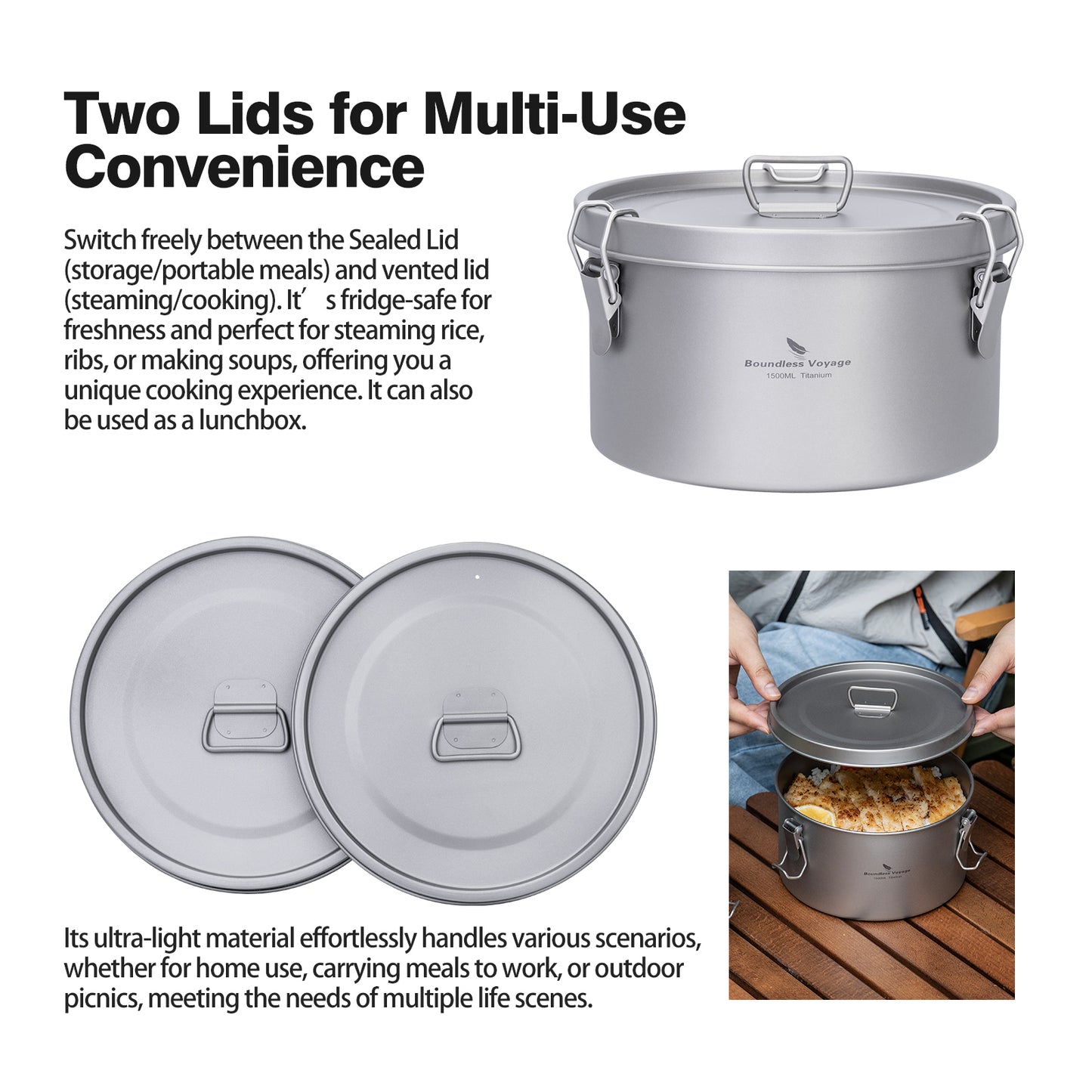 Boundless Voyage 1500ml Titanium Food Storage Container – Multi-Functional Lunch Box & Steamer with Sealed & Vented Lids for Camping, Travel & Meal Prep