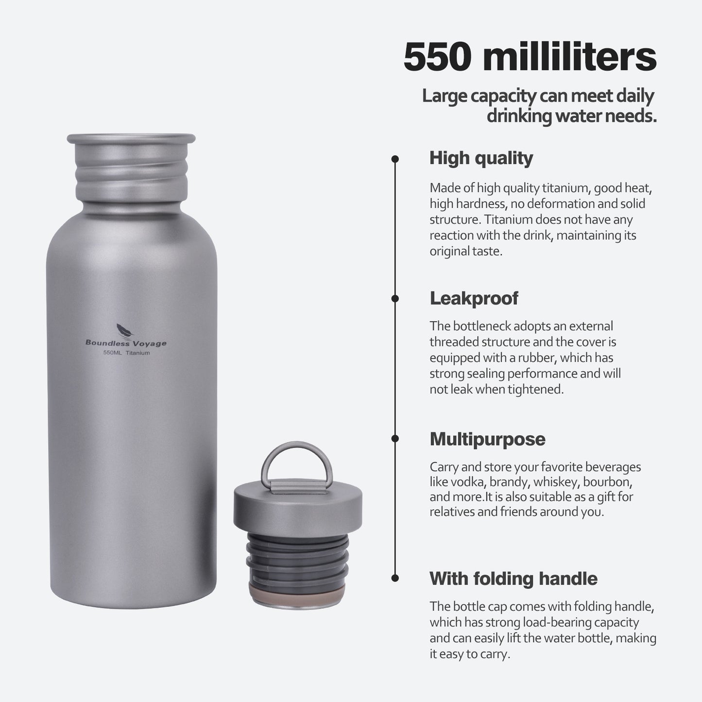 Boundless Voyage 550ml Titanium Water Bottle – Ultralight Wide Mouth Metal Bottle, Leakproof TA1 Titanium Canteen with Carry Bag for Camping, Hiking & Travel