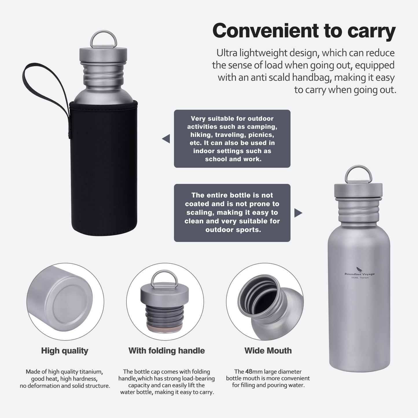 Boundless Voyage 550ml Titanium Water Bottle – Ultralight Wide Mouth Metal Bottle, Leakproof TA1 Titanium Canteen with Carry Bag for Camping, Hiking & Travel