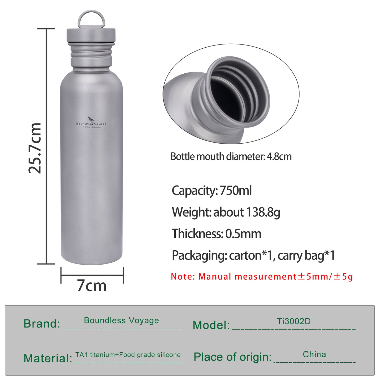 Boundless Voyage Titanium Water Bottle 750ml – Ultralight, Leak-Proof & Durable for Camping, Hiking & Everyday Use