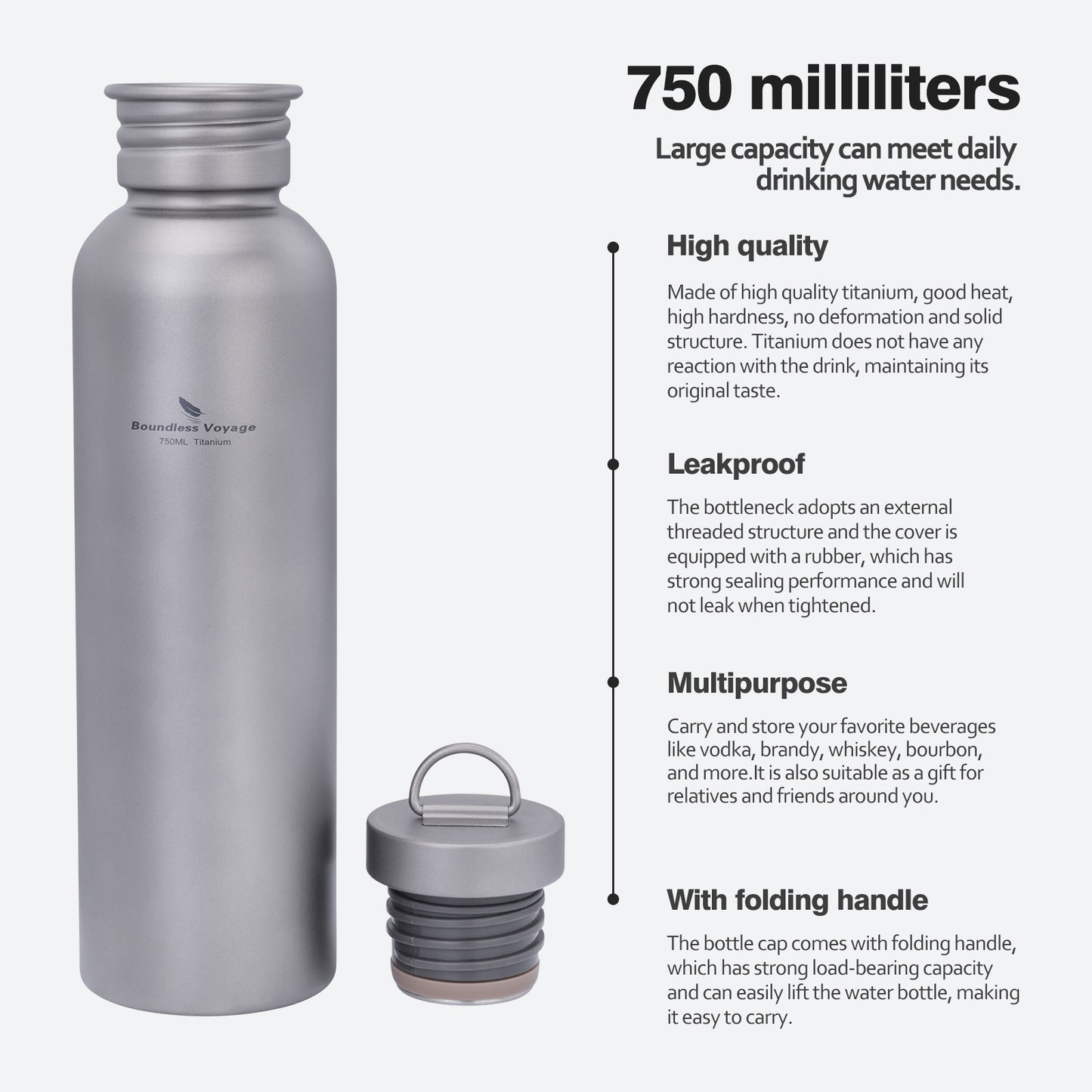 Boundless Voyage Titanium Water Bottle 750ml – Ultralight, Leak-Proof & Durable for Camping, Hiking & Everyday Use
