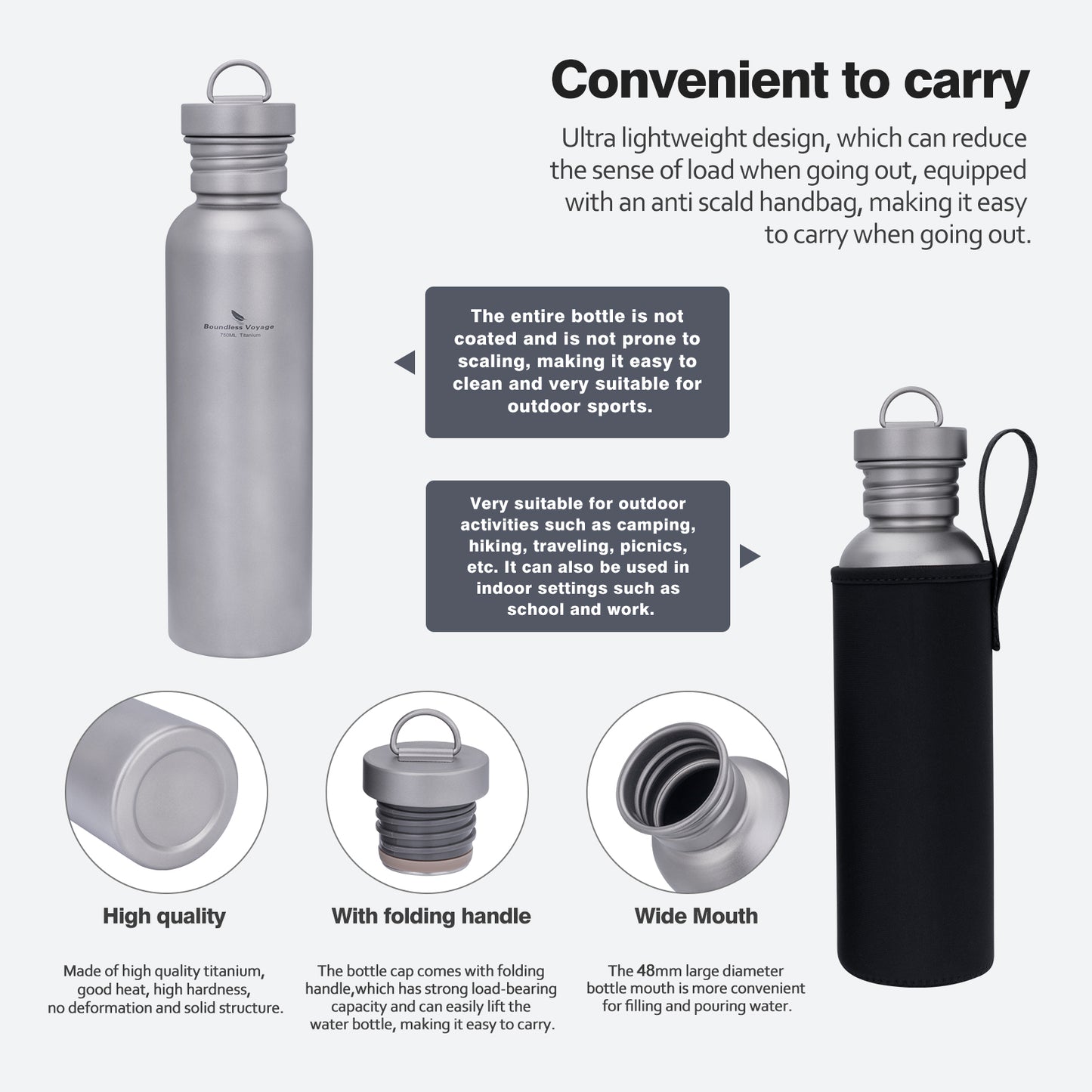 Boundless Voyage Titanium Water Bottle 750ml – Ultralight, Leak-Proof & Durable for Camping, Hiking & Everyday Use