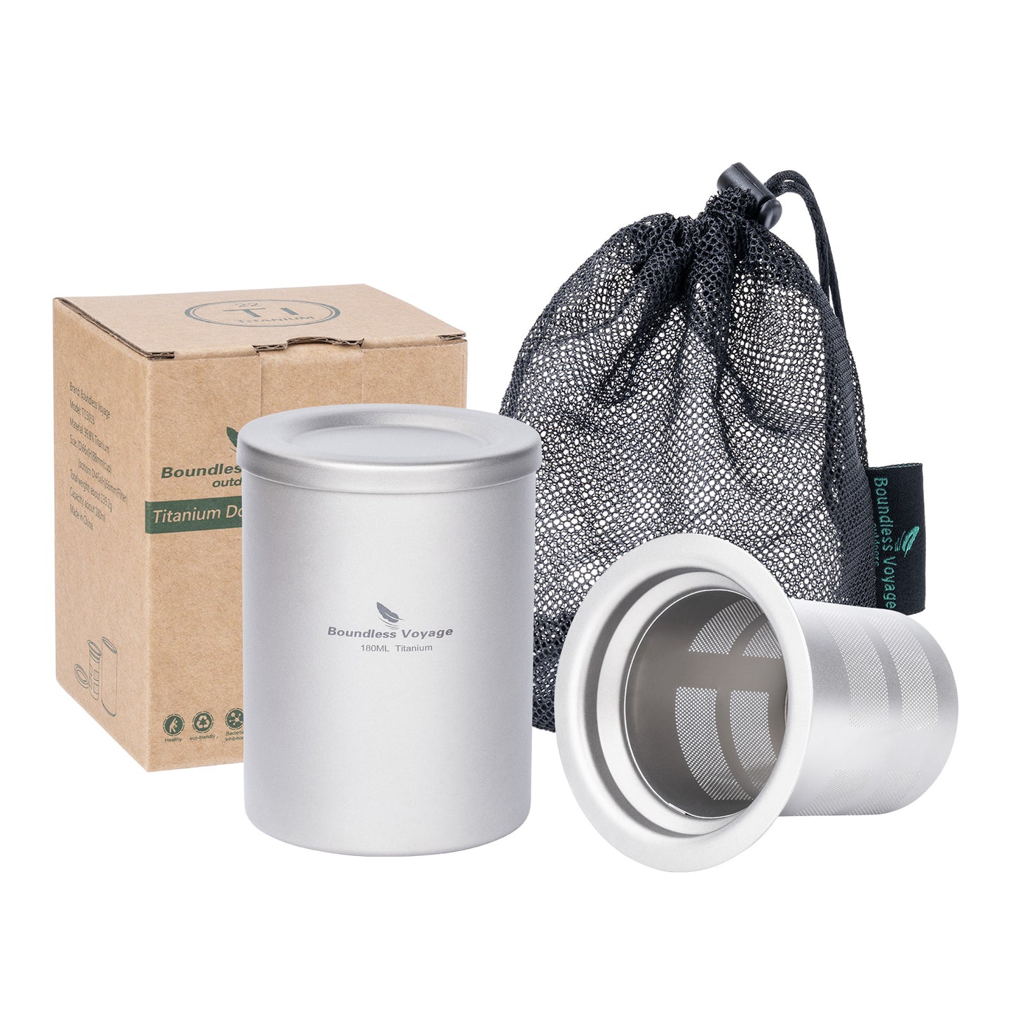 Boundless Voyage 180ml Double-Wall Titanium Cup – Insulated Ultralight Coffee Mug, Pure TA1 Titanium Camping Cup with Carry Bag for Travel & Outdoor Use