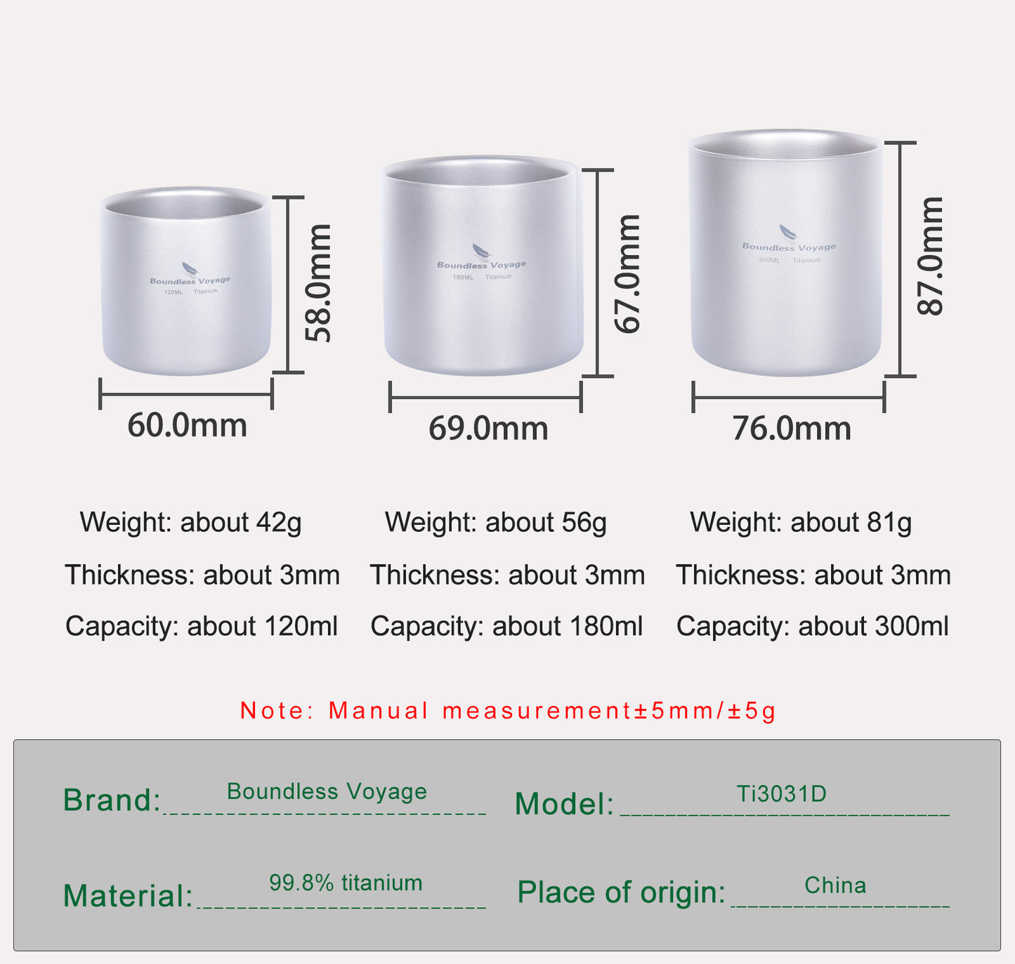 Boundless Voyage 3-Piece Double-Walled Titanium Cup Set | 120ml+180ml+300ml Insulated Camping Mugs | Ultralight Anti-Scalding Nesting Cup Set