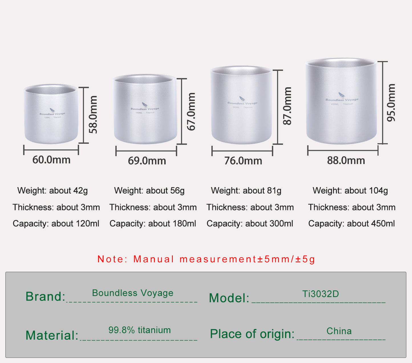 Boundless Voyage 4-Piece Double-Walled Titanium Cup Set | 120ml-450ml Ultralight Insulated Mugs | Anti-Scalding Nesting Cup Set for Camping & Office