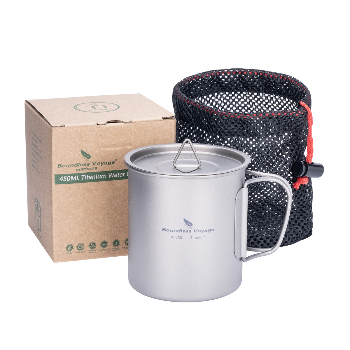 Boundless Voyage 450ml Titanium Cup with Lid – Ultralight Single-Wall Camping Coffee Mug & Small Cook Pot
