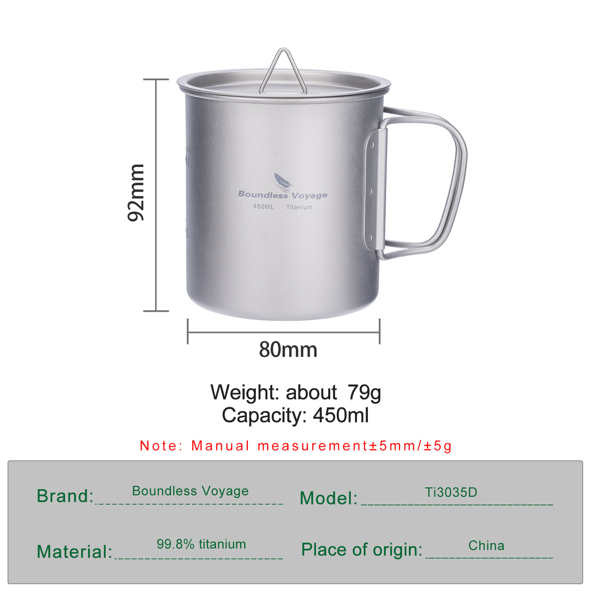 Boundless Voyage 450ml Titanium Cup with Lid – Ultralight Single-Wall Camping Coffee Mug & Small Cook Pot