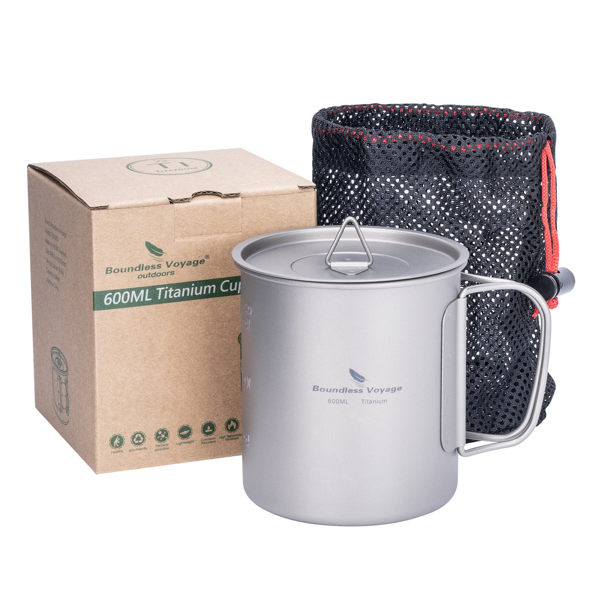 Boundless Voyage Ultralight Titanium Hanging Mug with Bail Handle | Single-Wall Camping Cup & Cooking Pot | Foldable Handle Backpacking Canteen for Open Fire & Stove | Non-Toxic & BPA-Free