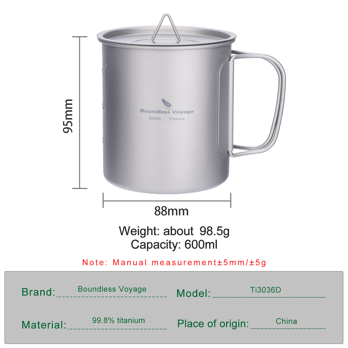 Boundless Voyage Ultralight Titanium Hanging Mug with Bail Handle | Single-Wall Camping Cup & Cooking Pot | Foldable Handle Backpacking Canteen for Open Fire & Stove | Non-Toxic & BPA-Free