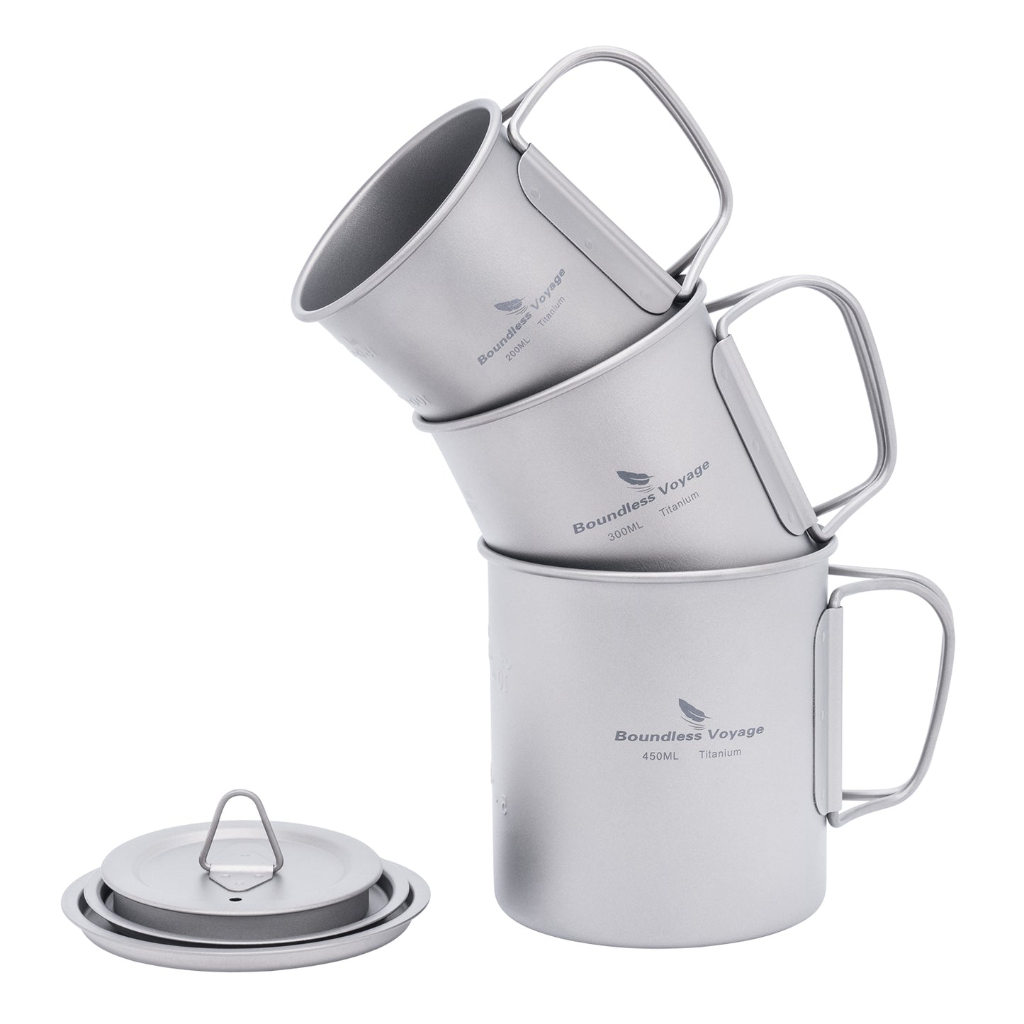 Boundless Voyage 3-Piece Ultralight Titanium Nesting Cup Set | 200/300/450ml Stackable Camping Mug Kit