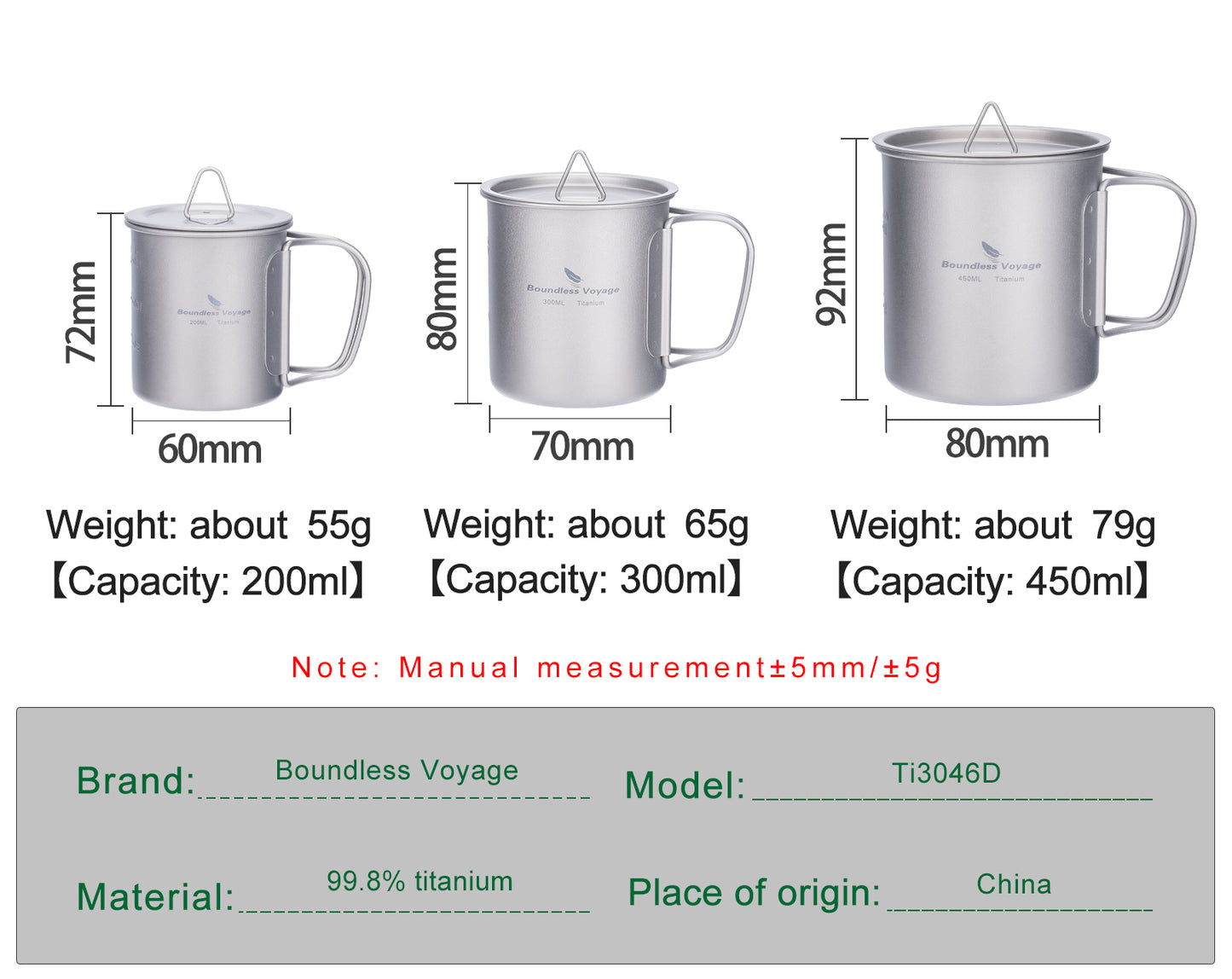 Boundless Voyage 3-Piece Ultralight Titanium Nesting Cup Set | 200/300/450ml Stackable Camping Mug Kit