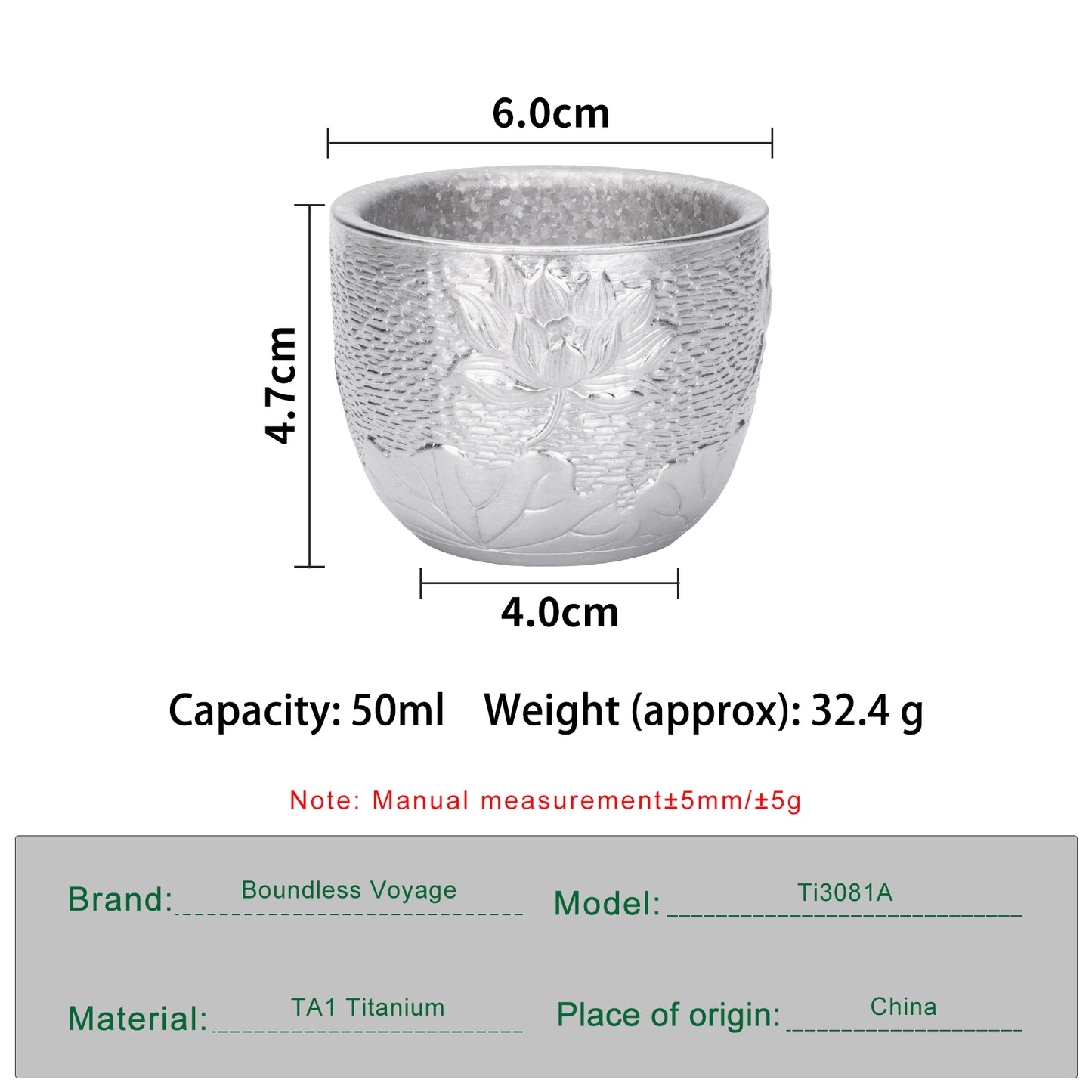 Boundless Voyage 50ml Double-Wall Titanium Cup – Ultralight Mini Espresso & Tea Cup for Camping, Travel & Home