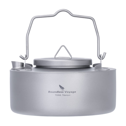Boundless Voyage 700ml Titanium Camping Kettle – Ultralight Single-Layer Bushcraft Pot with Folding Handle for Open Fire Cooking