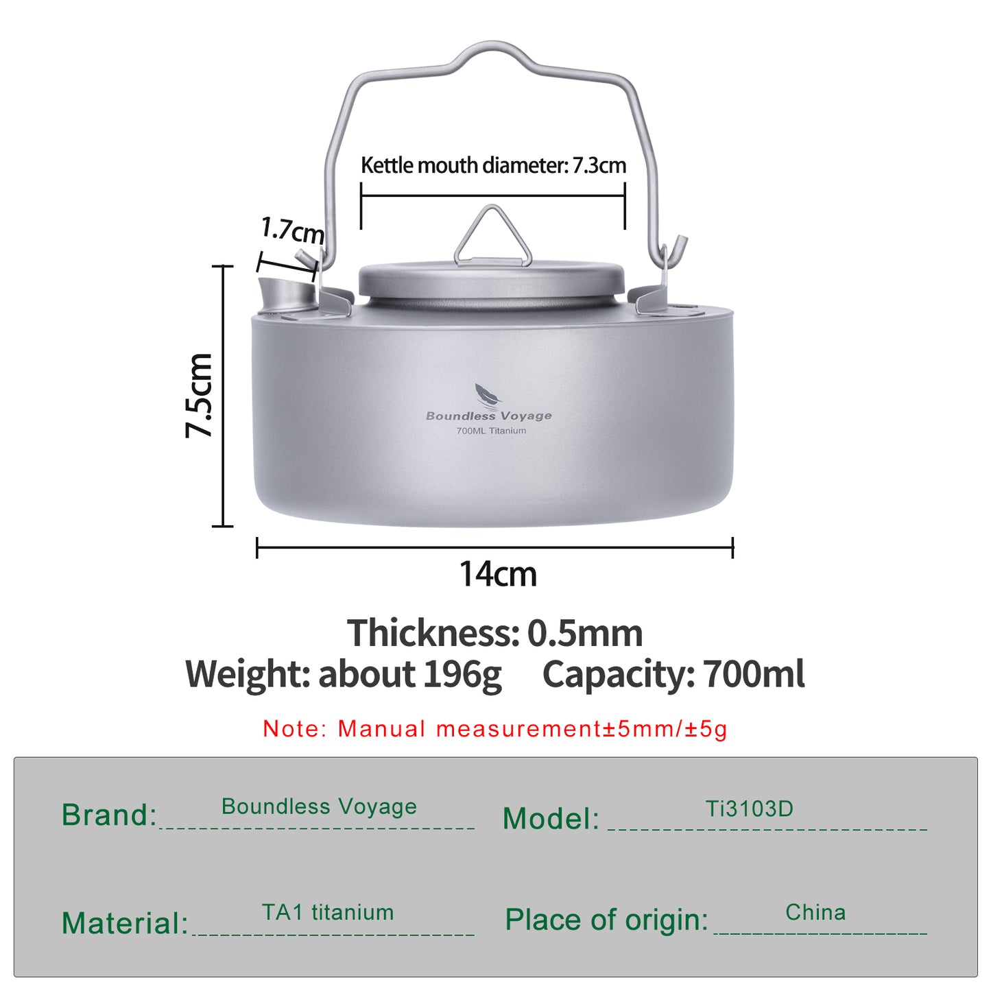 Boundless Voyage 700ml Titanium Camping Kettle – Ultralight Single-Layer Bushcraft Pot with Folding Handle for Open Fire Cooking