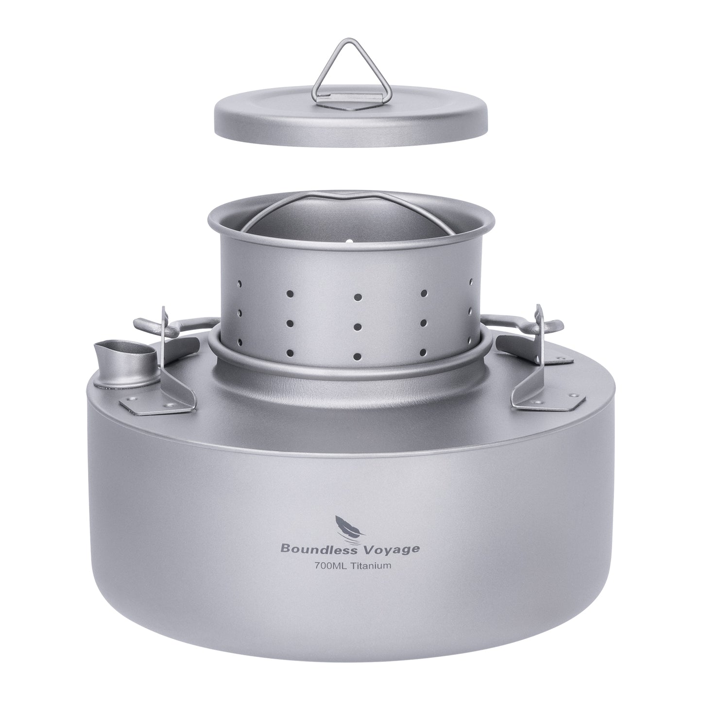 Boundless Voyage Titanium Kettle 700ml with Strainer – Ultralight Camping Pot with Folding Handle for Open Fire & Bushcraft