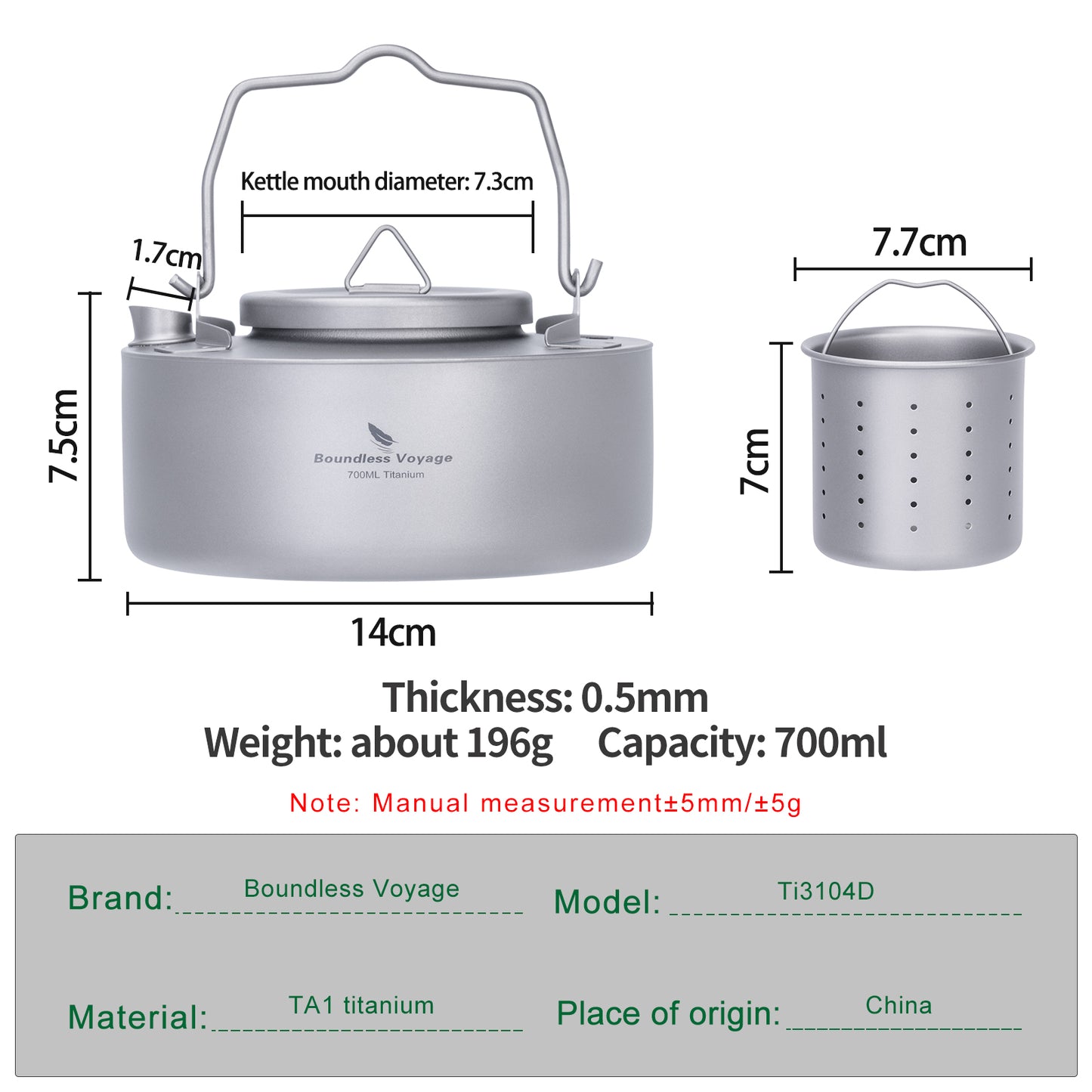 Boundless Voyage Titanium Kettle 700ml with Strainer – Ultralight Camping Pot with Folding Handle for Open Fire & Bushcraft