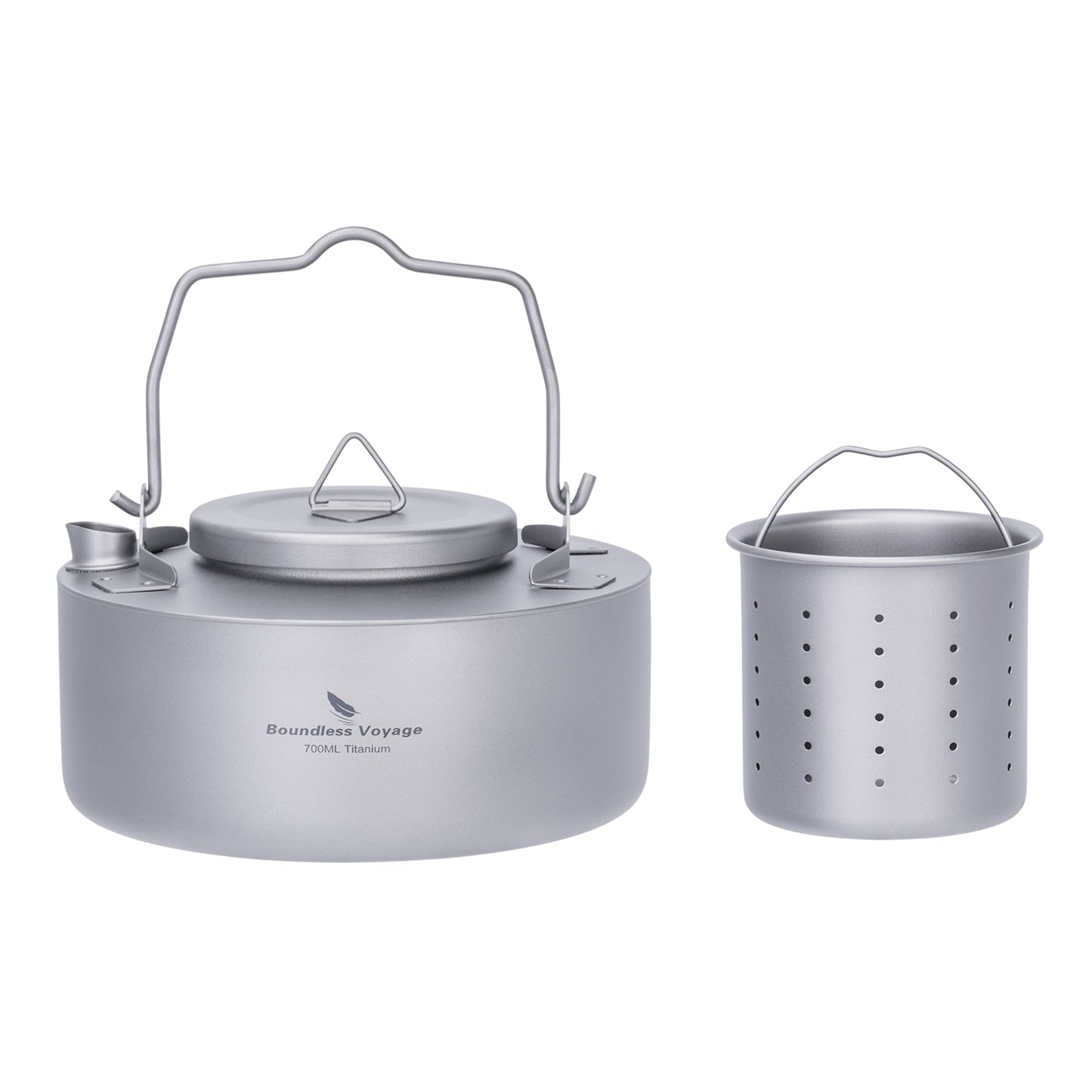 Boundless Voyage 700ml Titanium Kettle with Strainer – Ultralight Camping Pot with Folding Handle for Open Fire & Bushcraft