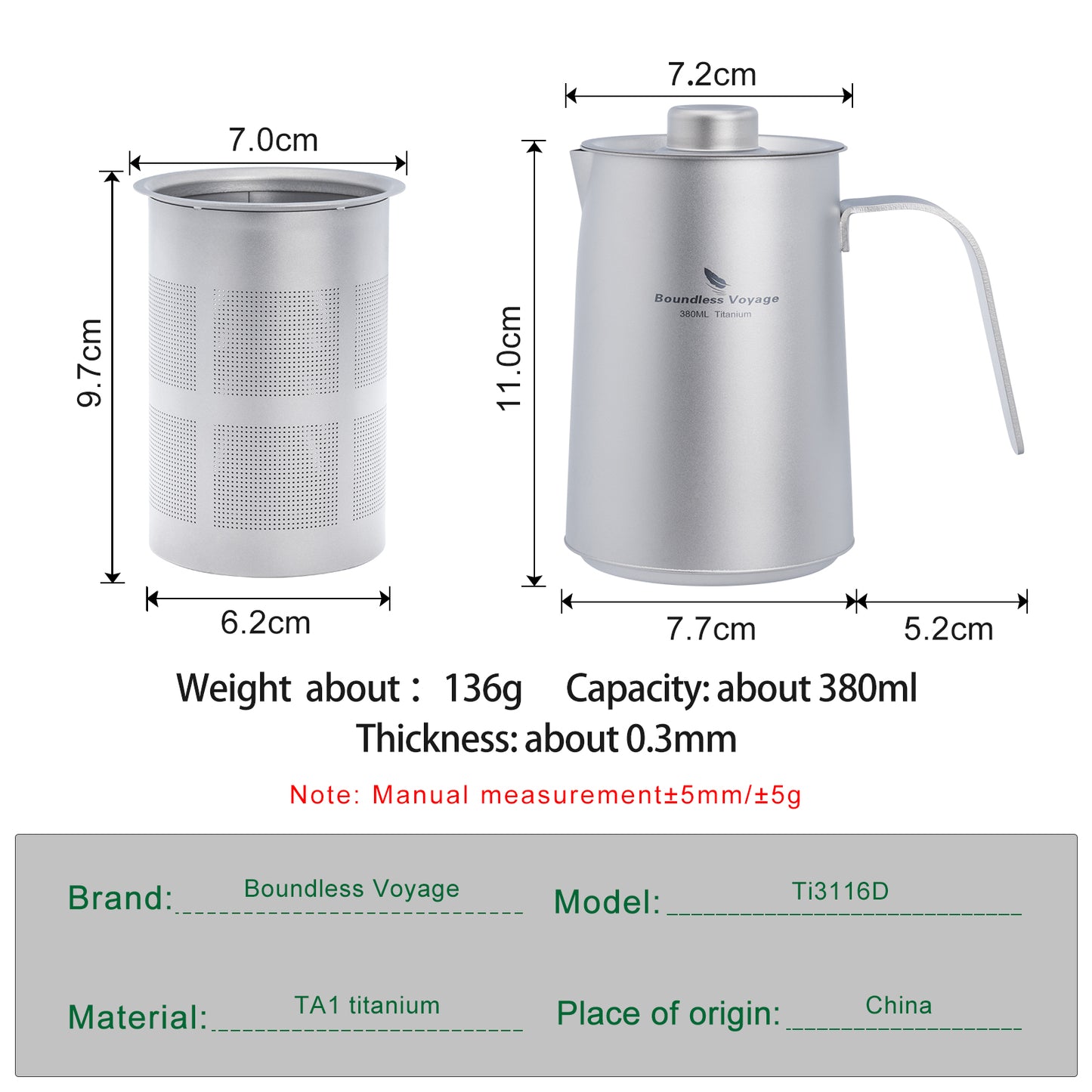 Boundless Voyage 380ml Ultralight Titanium Teapot | 136g Portable Coffee Kettle with Filter | Anti-Scald Handle for Camping & Hiking