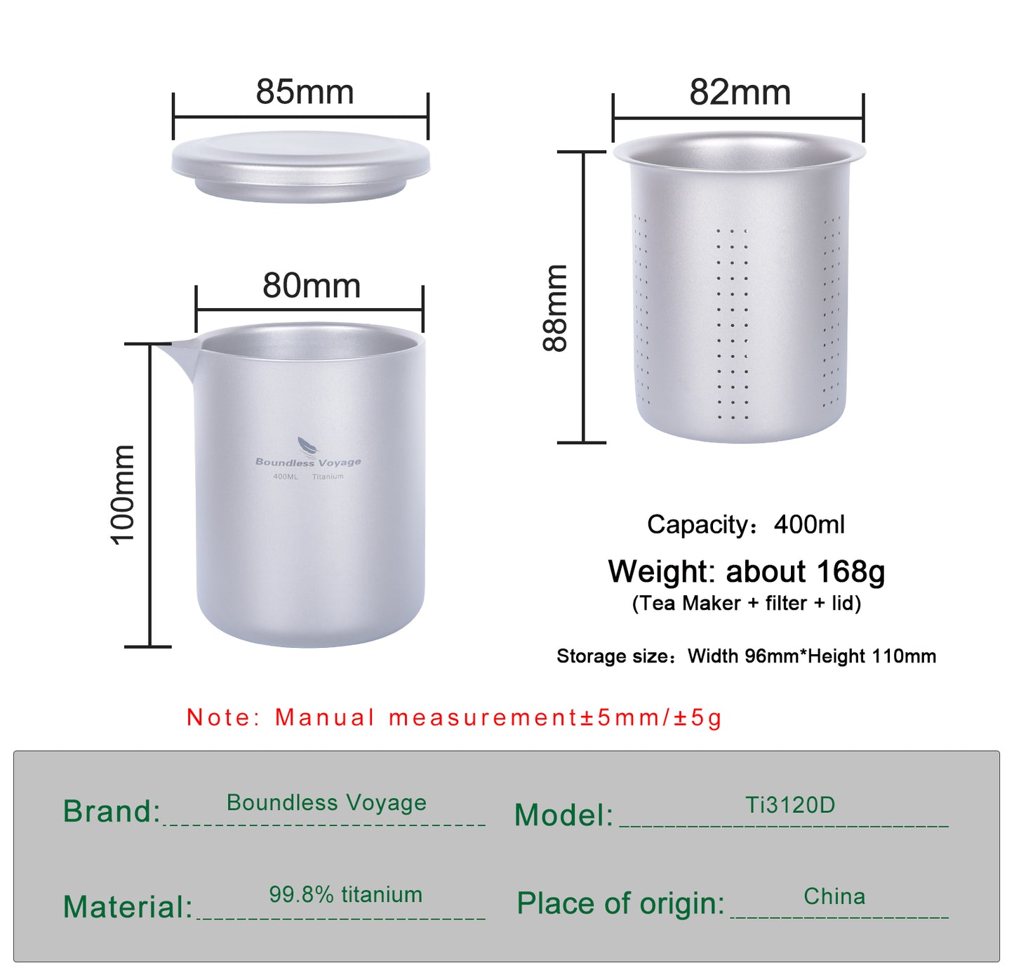 Boundless Voyage 400ml Titanium Double-Layer Tea Maker | Anti-Scald Insulated Teapot with Filter | Lightweight Double-Walled Tea Mug for Camping