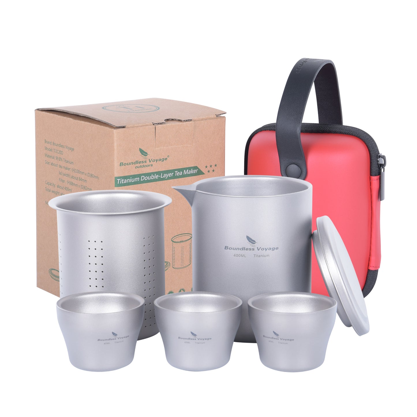 Boundless Voyage 400ml Titanium Double-Layer Tea Maker Set | 168g Insulated Teapot with 45ml Anti-Scald Cups | Lightweight Double-Walled Travel Tea Set