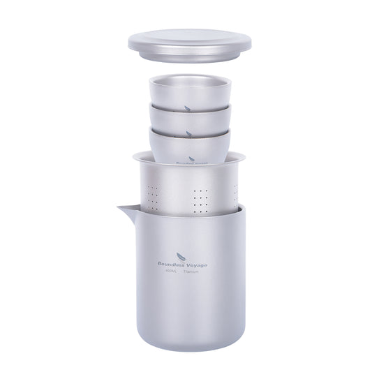 Boundless Voyage 400ml Titanium Double-Layer Tea Maker Set | 168g Insulated Teapot with 45ml Anti-Scald Cups | Lightweight Double-Walled Travel Tea Set