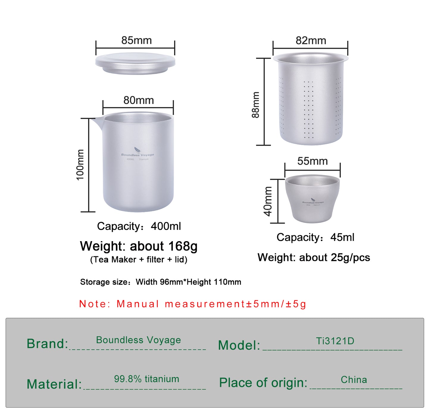 Boundless Voyage 400ml Titanium Double-Layer Tea Maker Set | 168g Insulated Teapot with 45ml Anti-Scald Cups | Lightweight Double-Walled Travel Tea Set