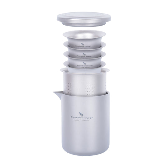 Boundless Voyage 400ml Titanium Double-Layer Tea Set | Insulated Teapot with 4pcs 40ml Anti-Scald Cups | Lightweight 168g Travel Tea Maker for Camping