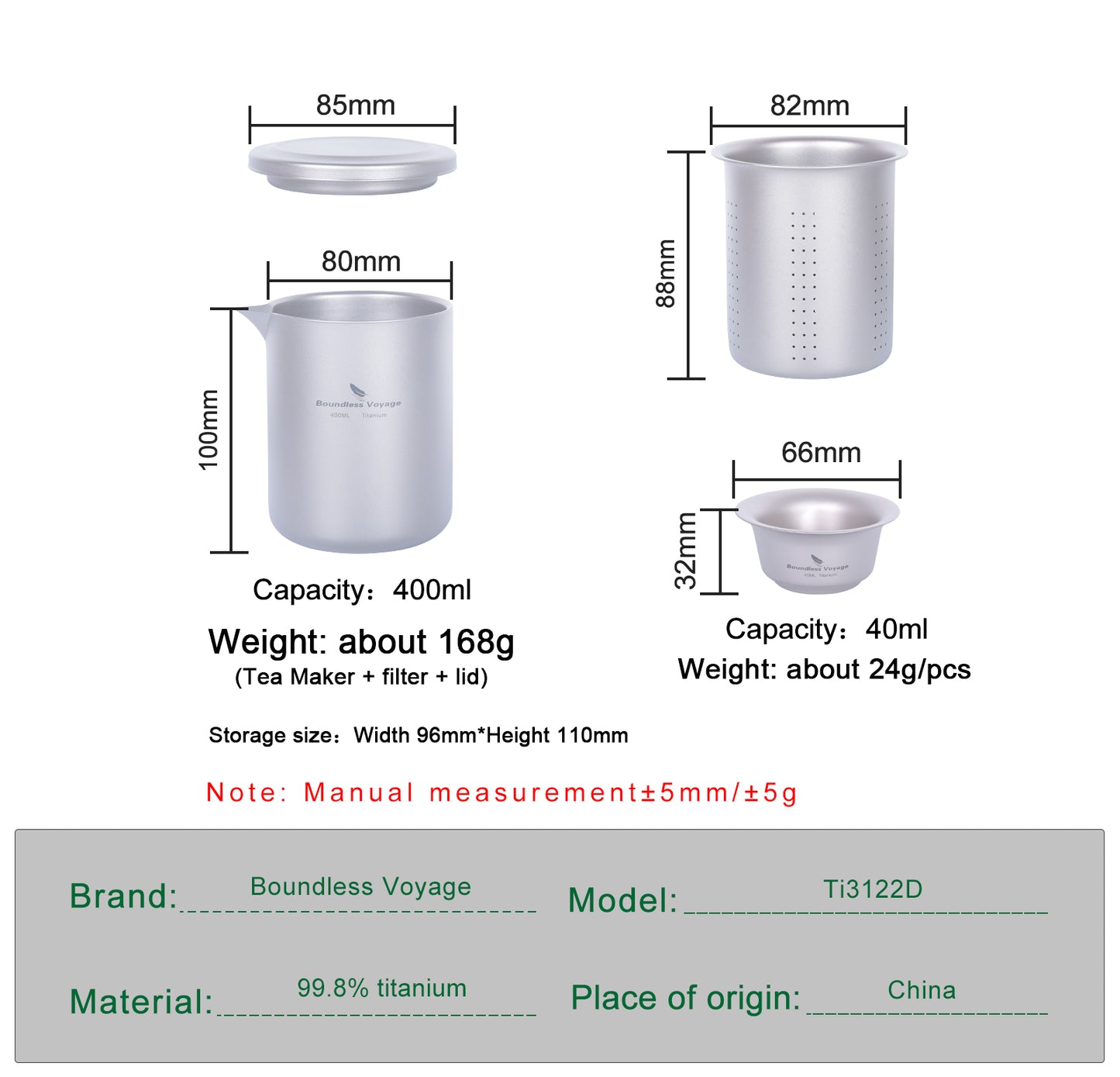 Boundless Voyage 400ml Titanium Double-Layer Tea Set | Insulated Teapot with 4pcs 40ml Anti-Scald Cups | Lightweight 168g Travel Tea Maker for Camping