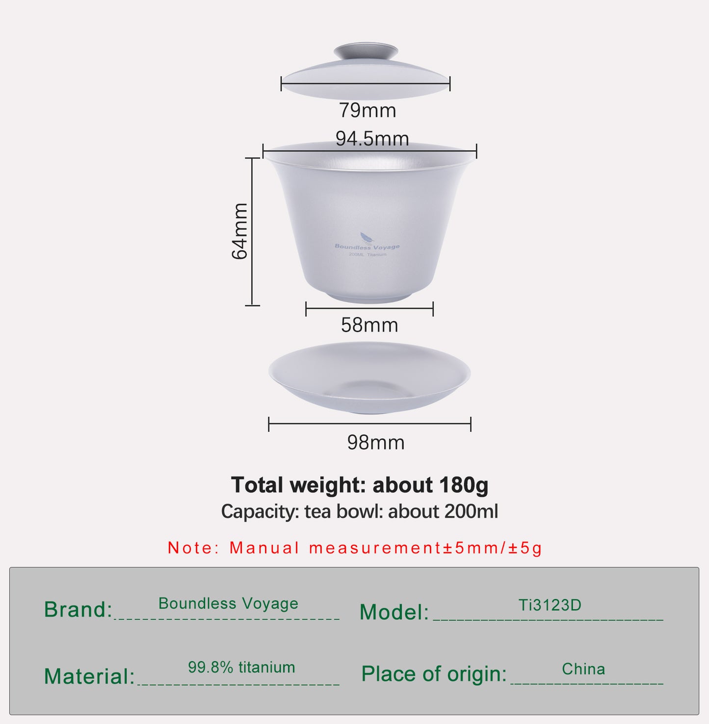 Boundless Voyage 200ml Titanium Gaiwan Set | Chinese Kung Fu Tea Bowl with Lid & Saucer | 114g Ultralight Anti-Scald Tea Set for Travel