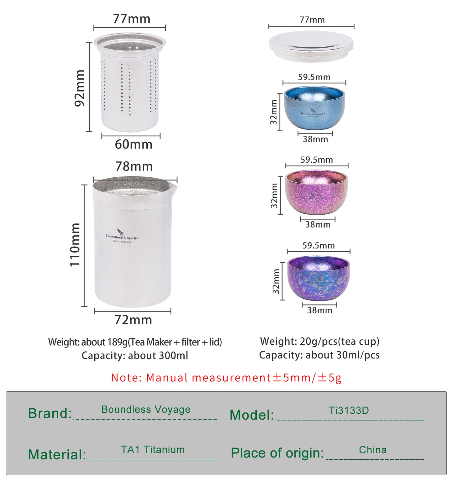 Boundless Voyage Titanium Double-Layer Tea Maker with Filter Portable Camping Teapot Set Anti-scalding Tea Cup Mug for Picnic Hiking Traveling Home Use