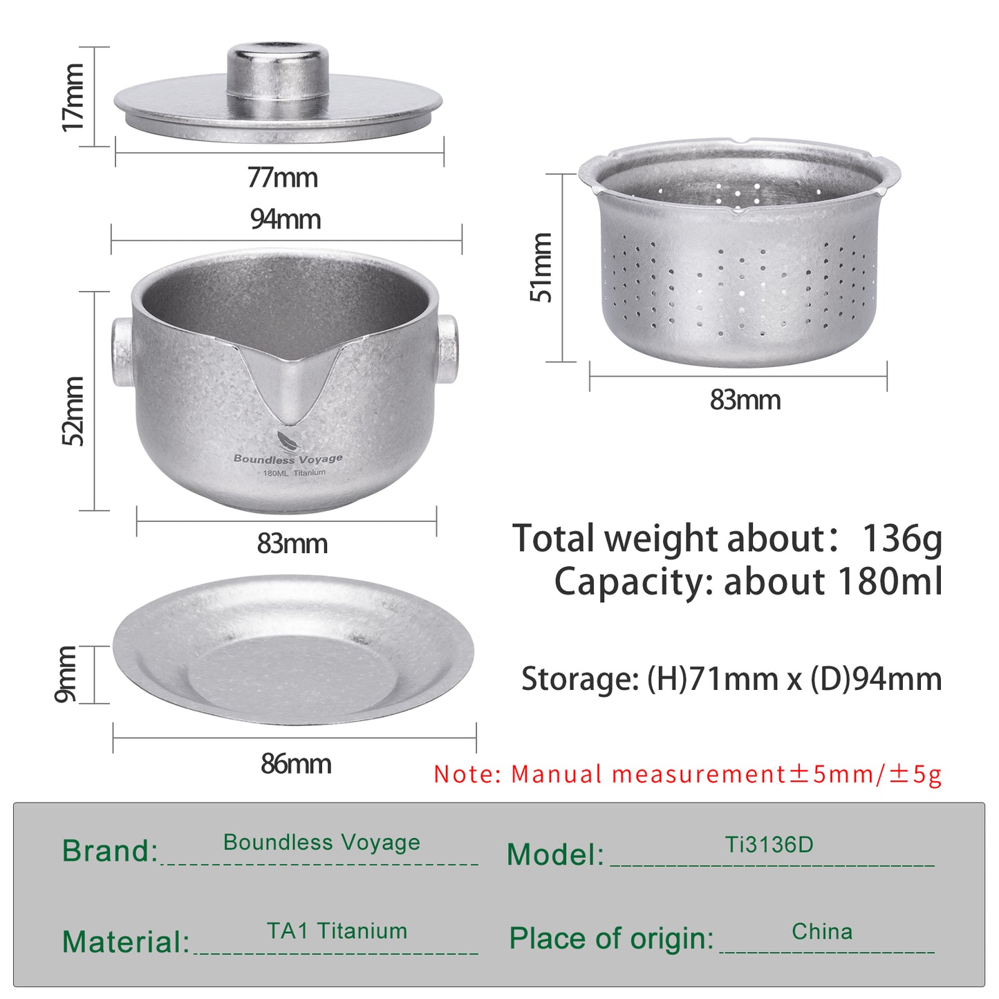Boundless Voyage 180ml Titanium Double-Layer Tea Maker | 136g Ultralight Stackable Teapot with Filter | Anti-Scald Travel Tea Mug & Tray