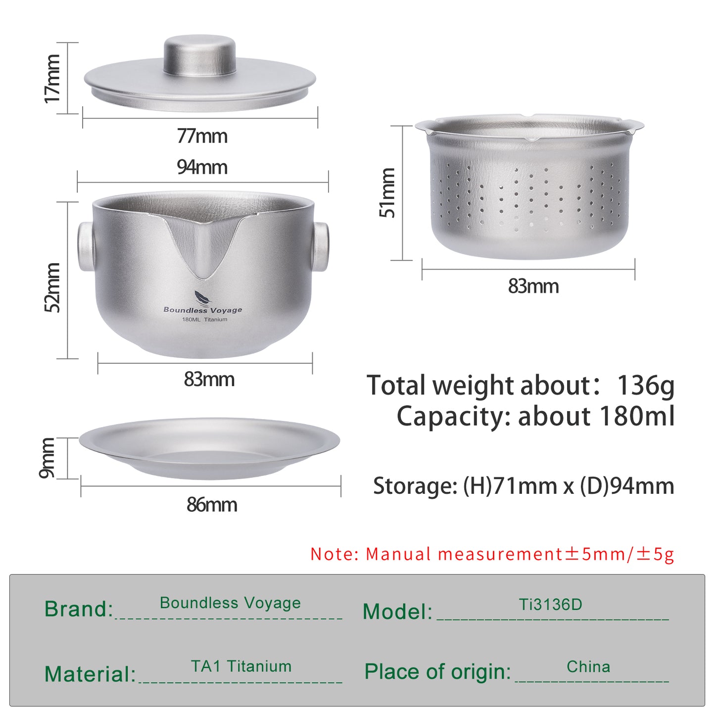Boundless Voyage 180ml Titanium Double-Layer Tea Maker | 136g Ultralight Stackable Teapot with Filter | Anti-Scald Travel Tea Mug & Tray