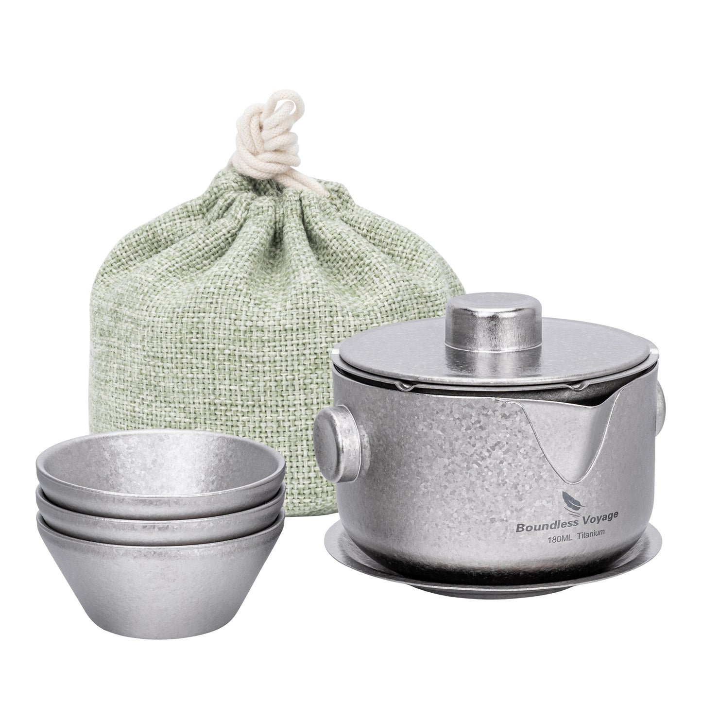 Boundless Voyage 180ml Titanium Double-Layer Tea Set | 136g Ultralight Teapot with 3pcs 30ml Anti-Scald Cups | Stackable Travel Tea Maker for Camping